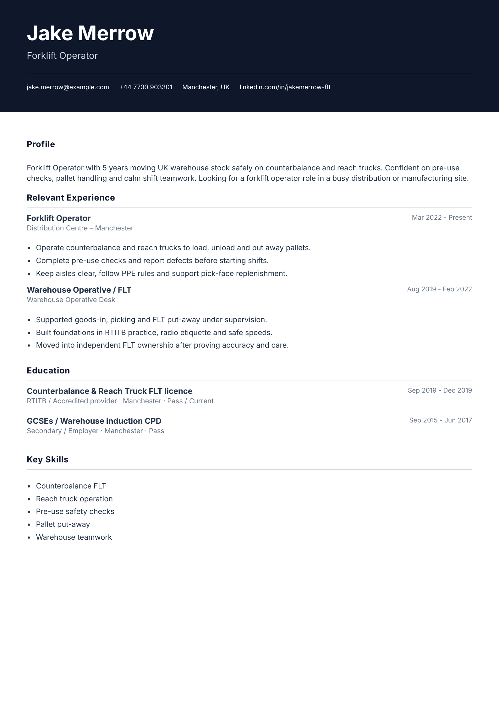 Forklift operator CV template