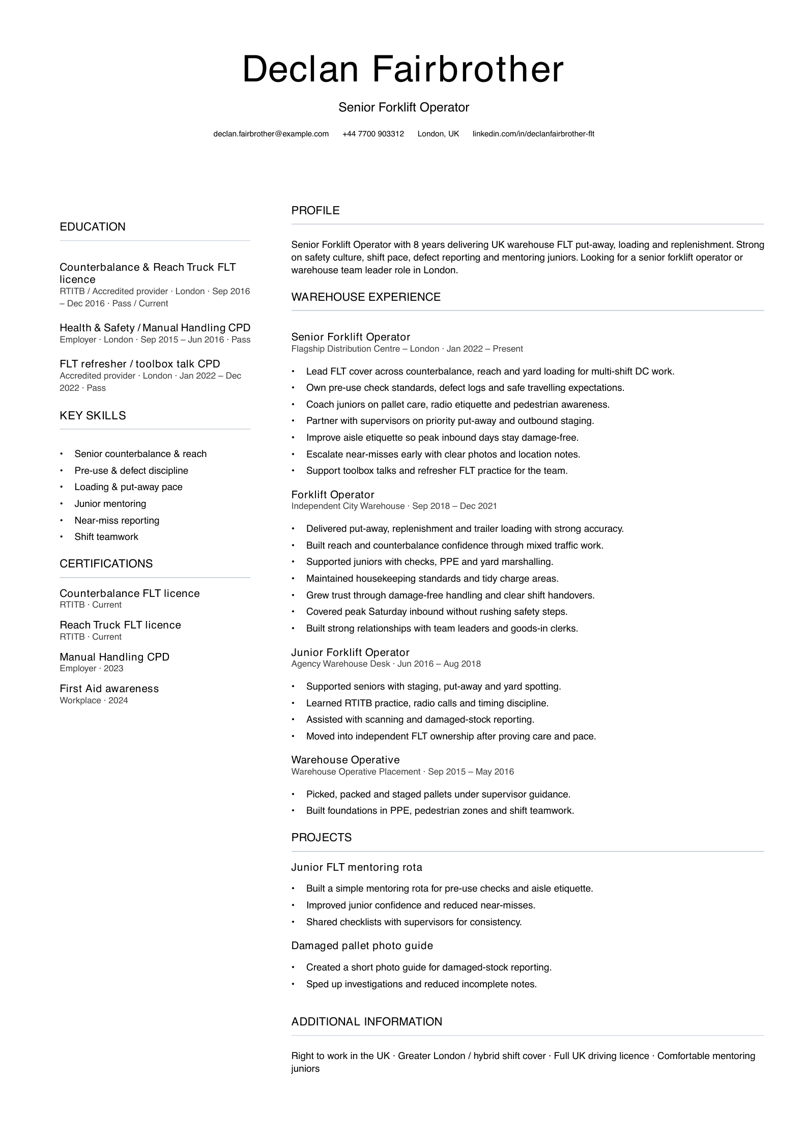senior forklift operator CV template