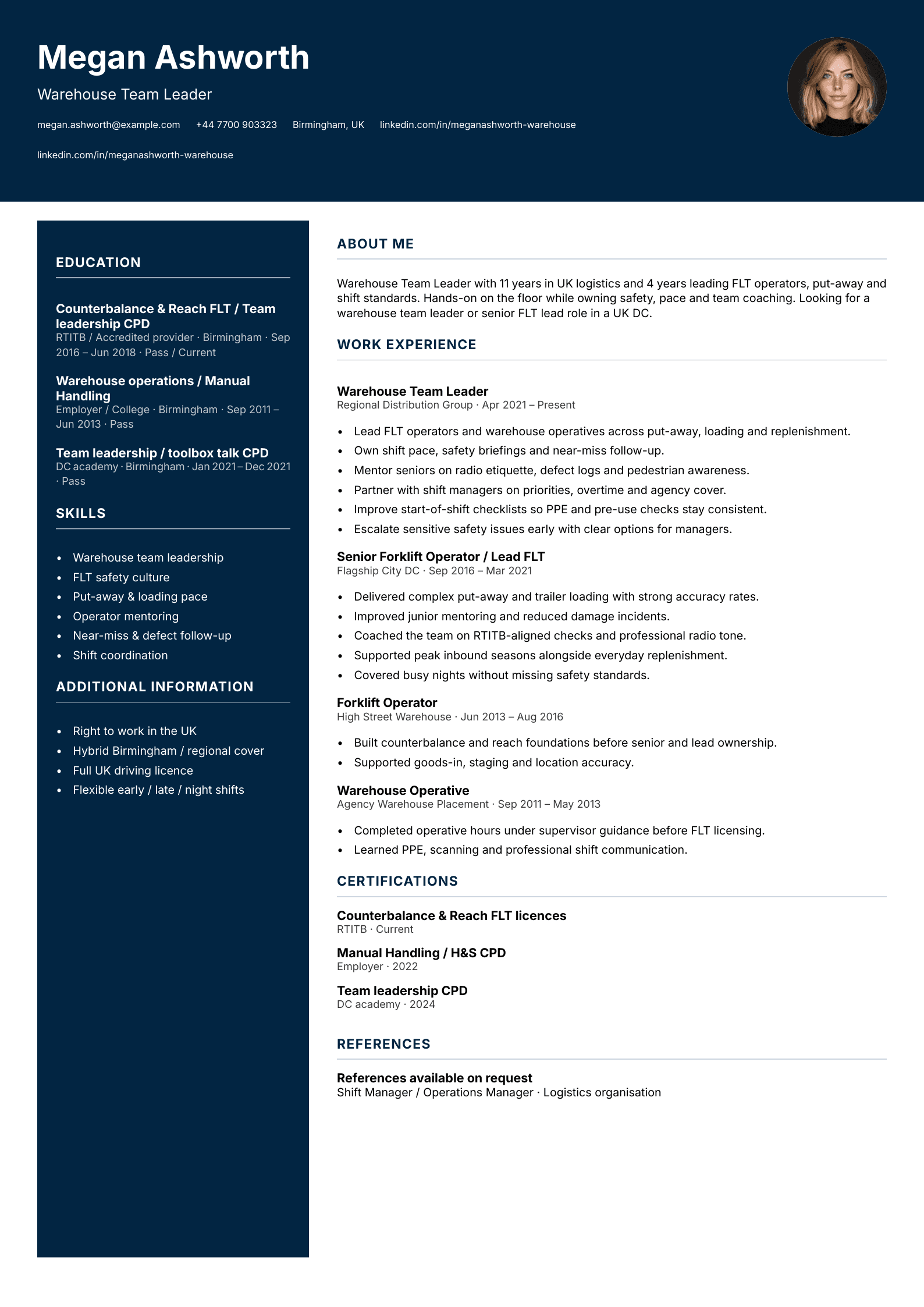 Warehouse team leader CV template