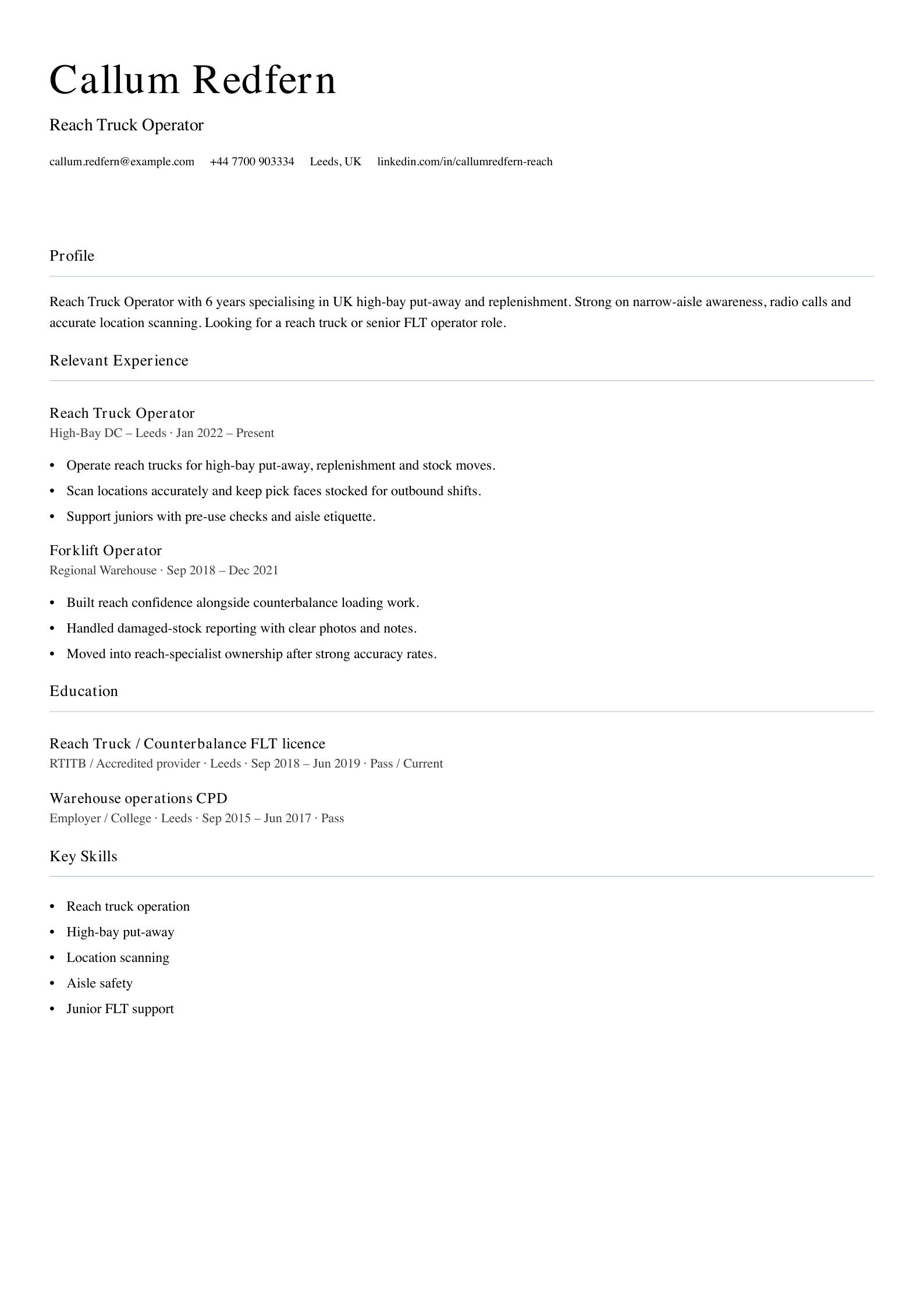 Reach truck operator CV template