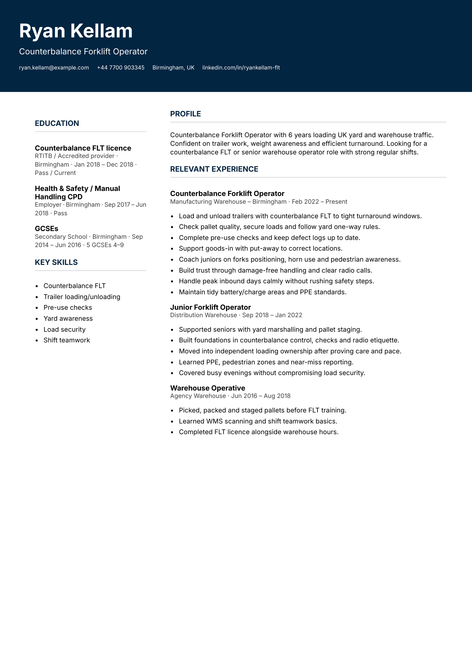 counterbalance forklift operator CV template