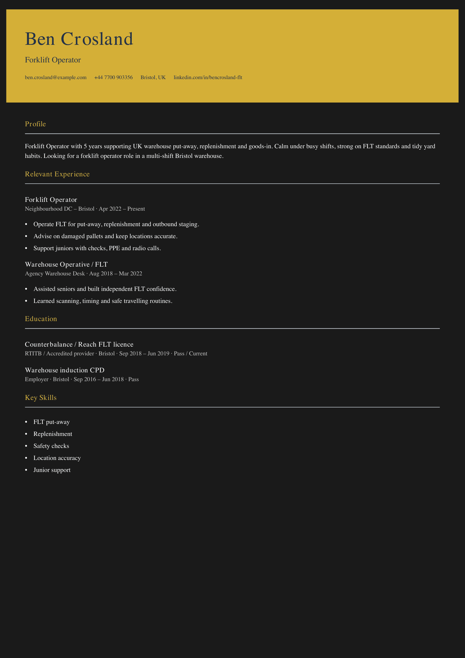 warehouse forklift operator CV template