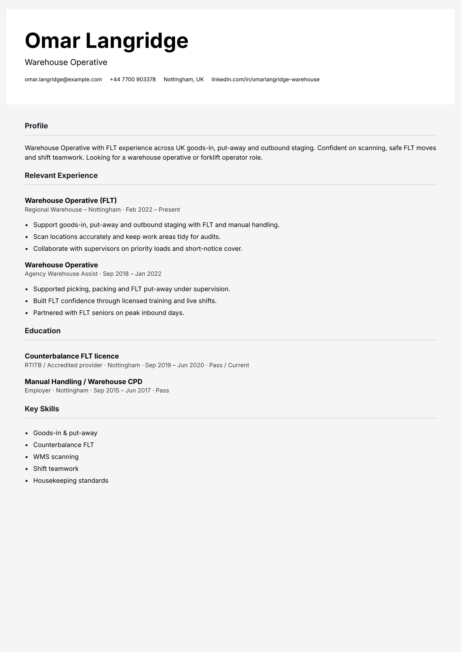 warehouse operative CV template
