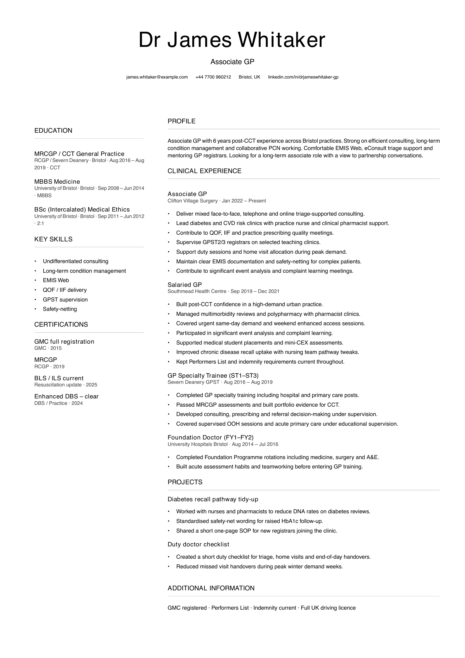 associate GP CV template