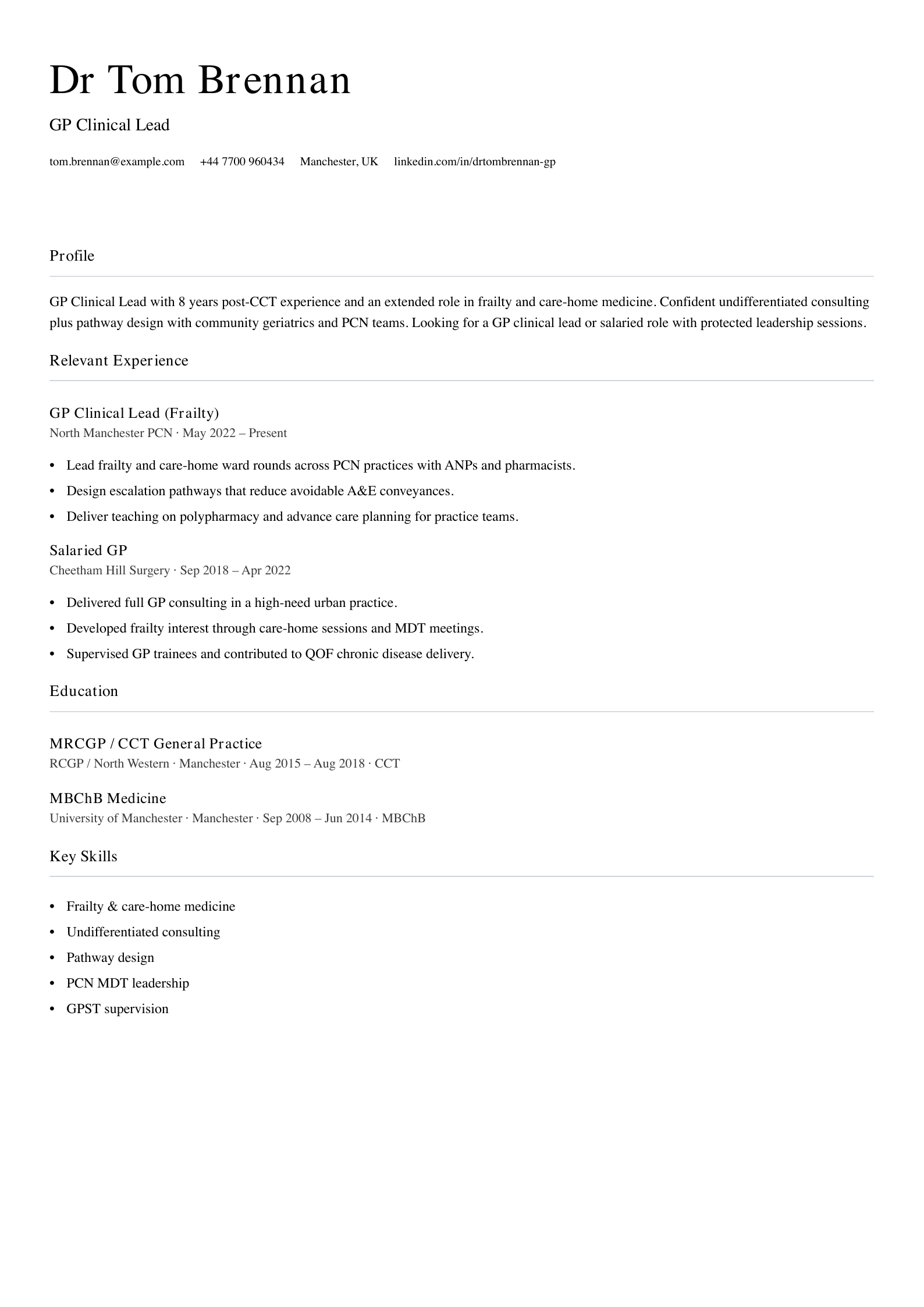 GP Clinical Lead CV template