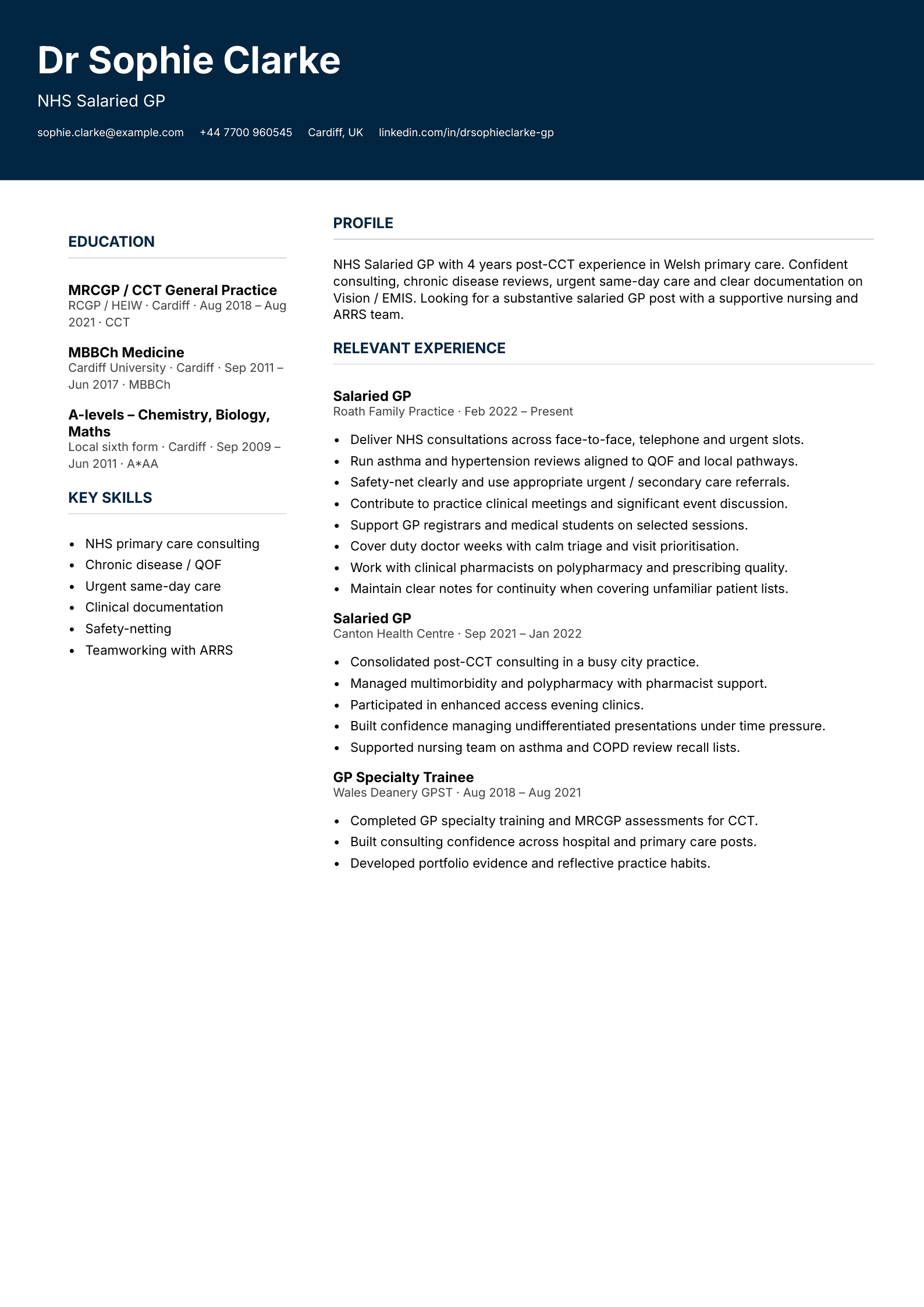NHS salaried GP CV template