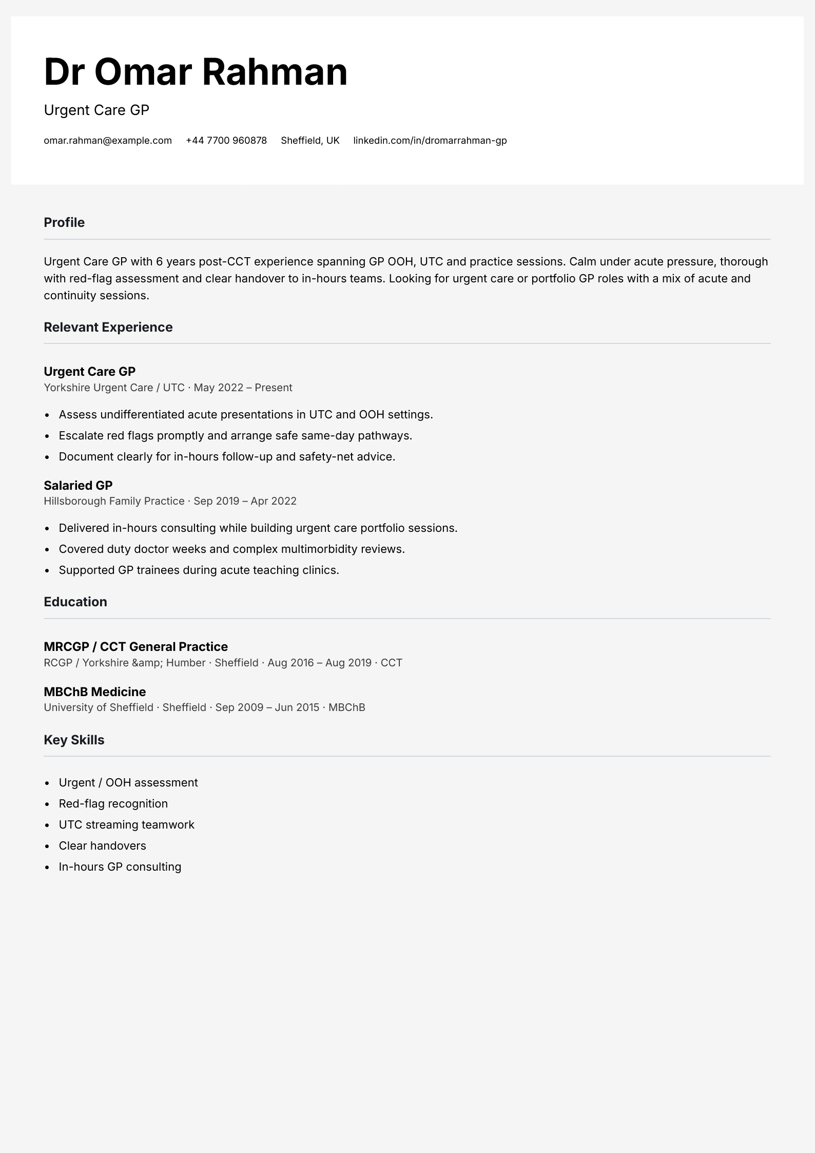 urgent care GP CV template