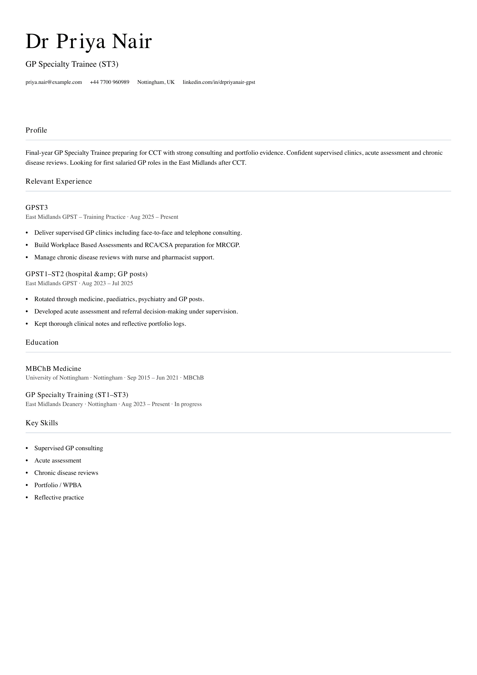GP specialty trainee CV template