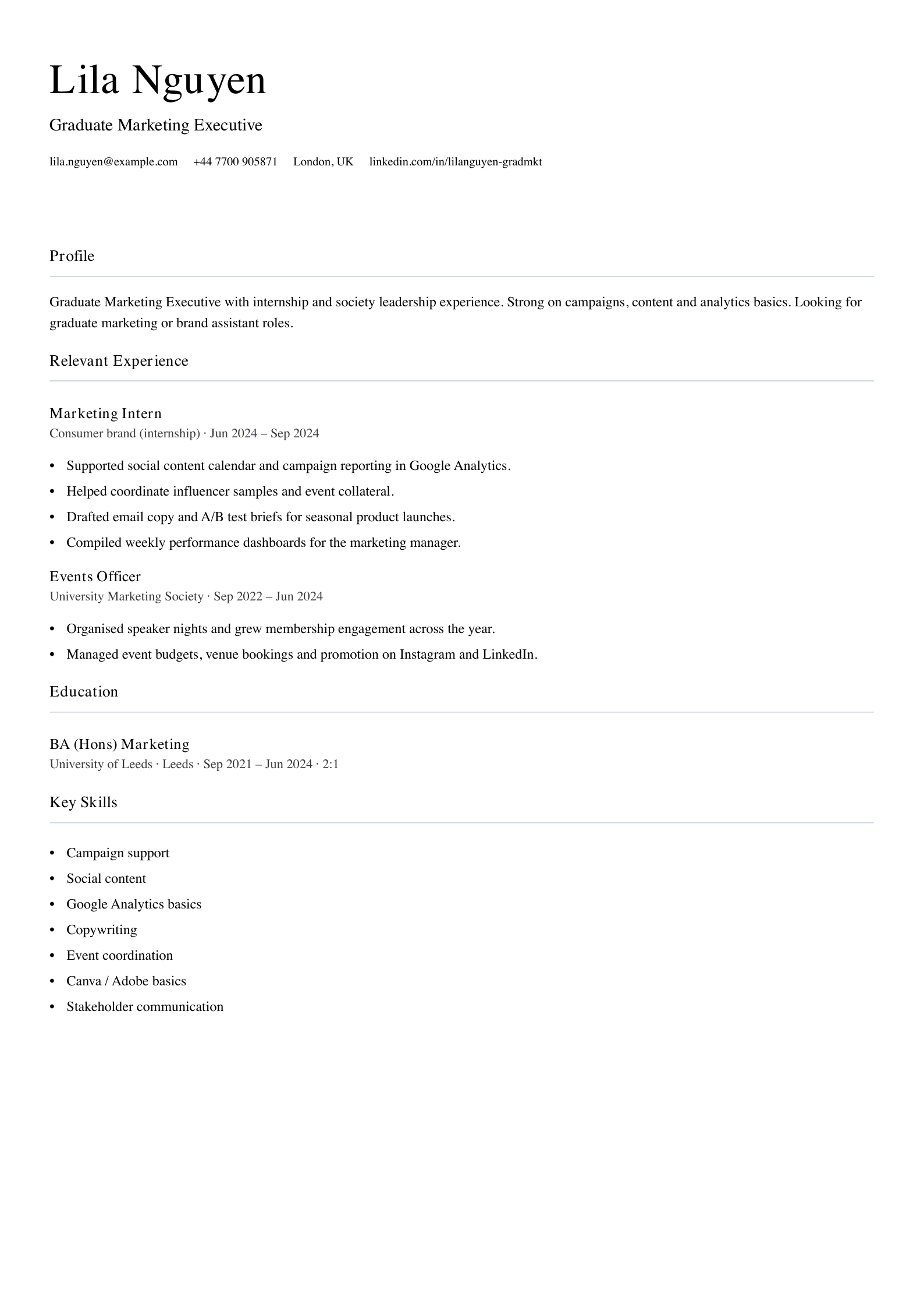 graduate marketing cv template