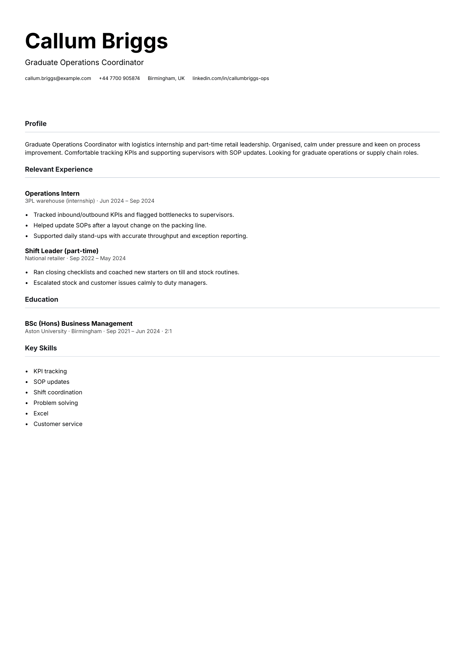 graduate operations cv template