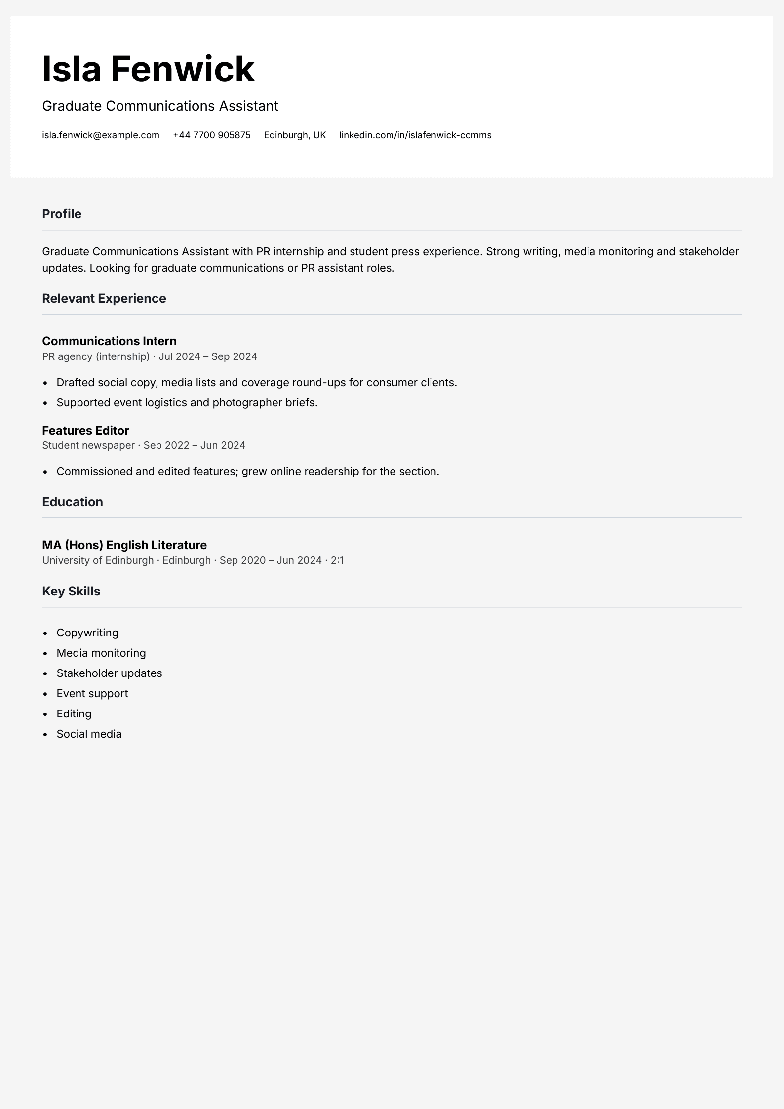 graduate communications cv template
