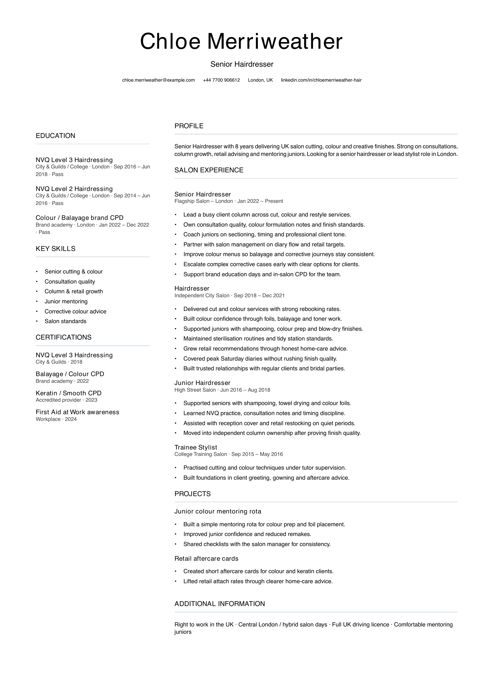 senior hairdresser CV template