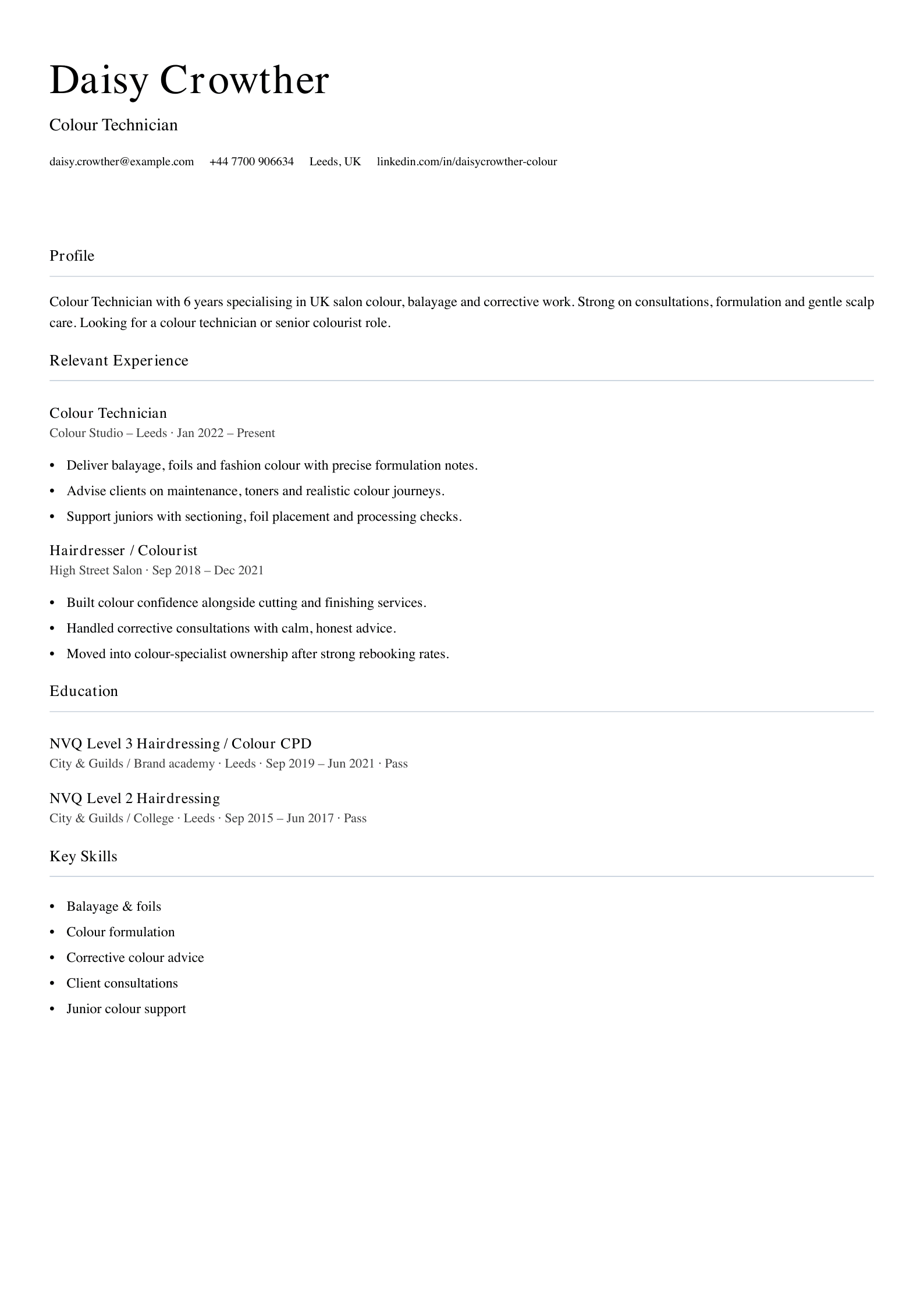 Colour technician CV template
