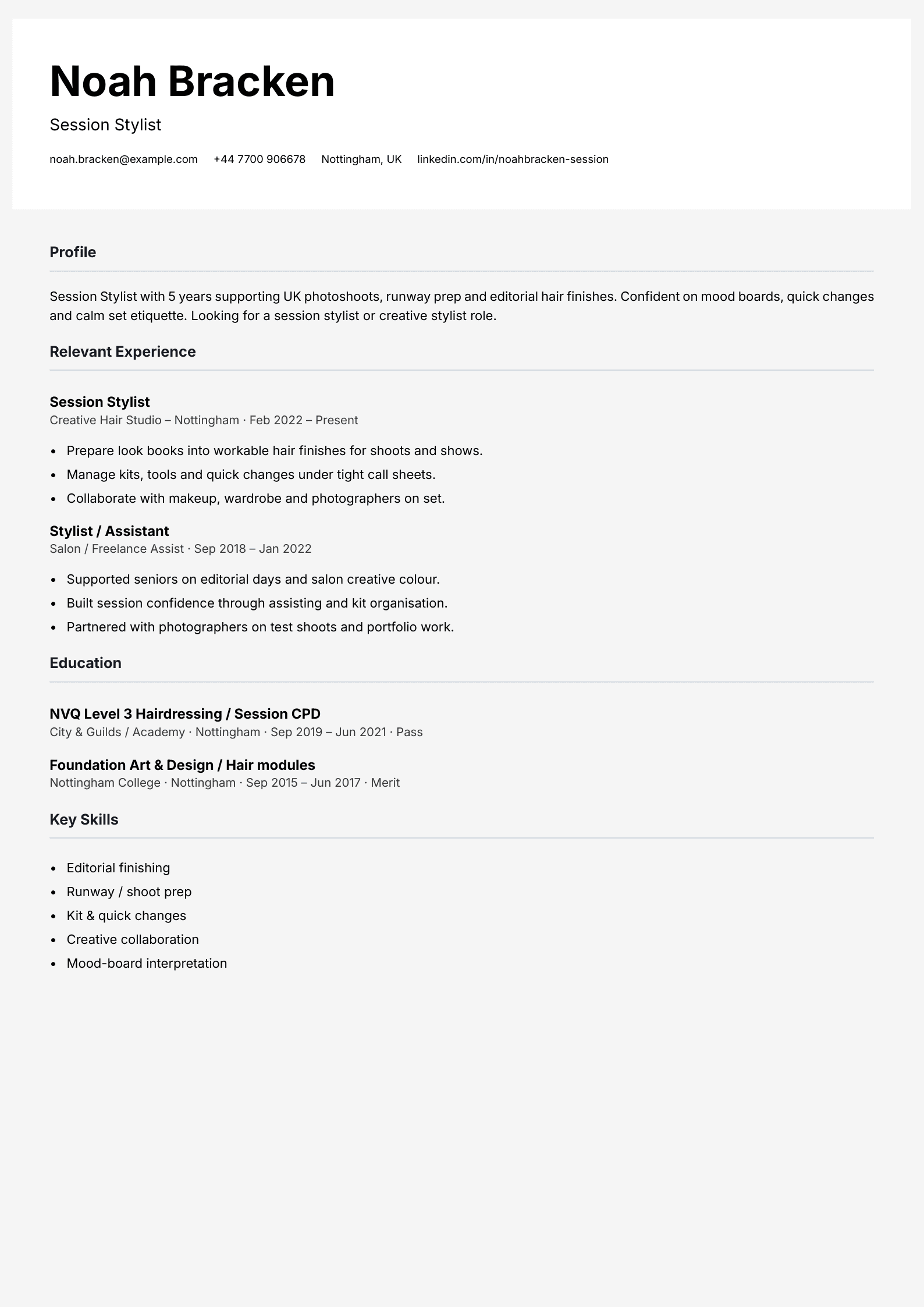 session stylist CV template