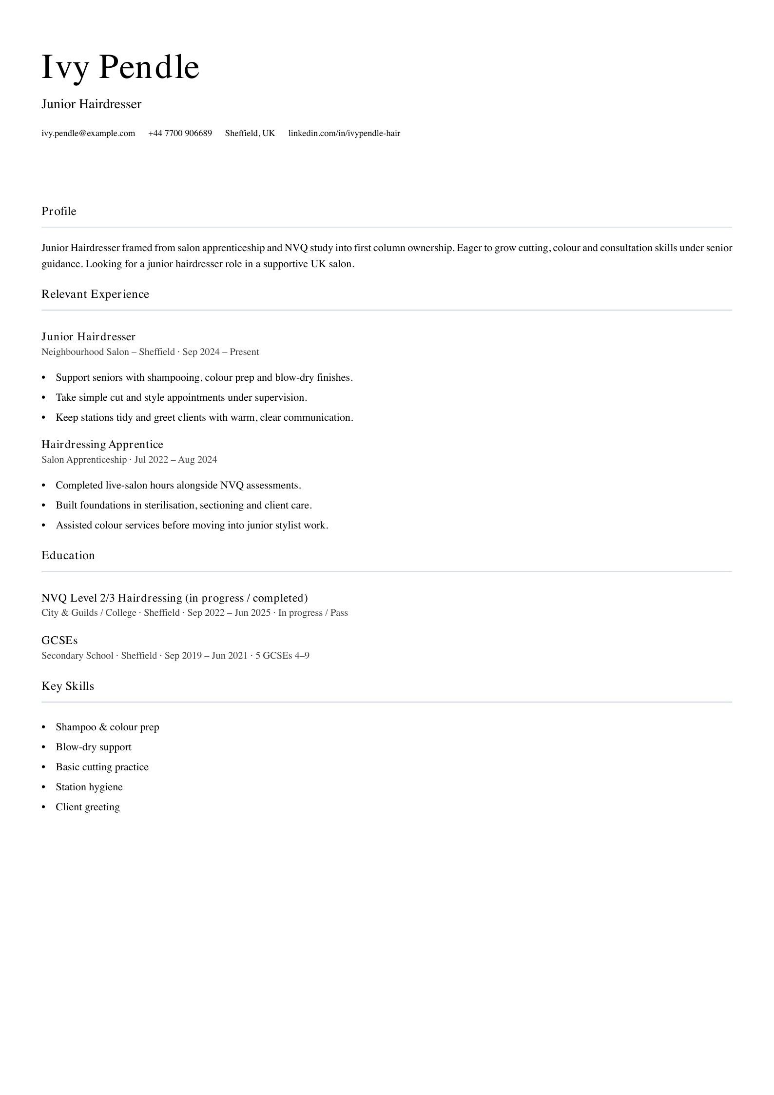 junior hairdresser CV template