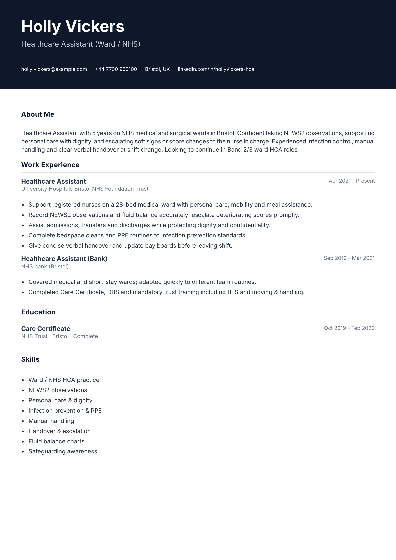 Ward NHS healthcare assistant CV template