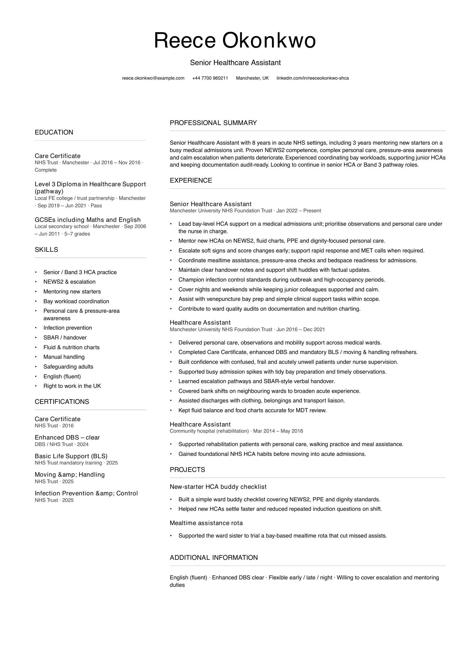 senior healthcare assistant cv template