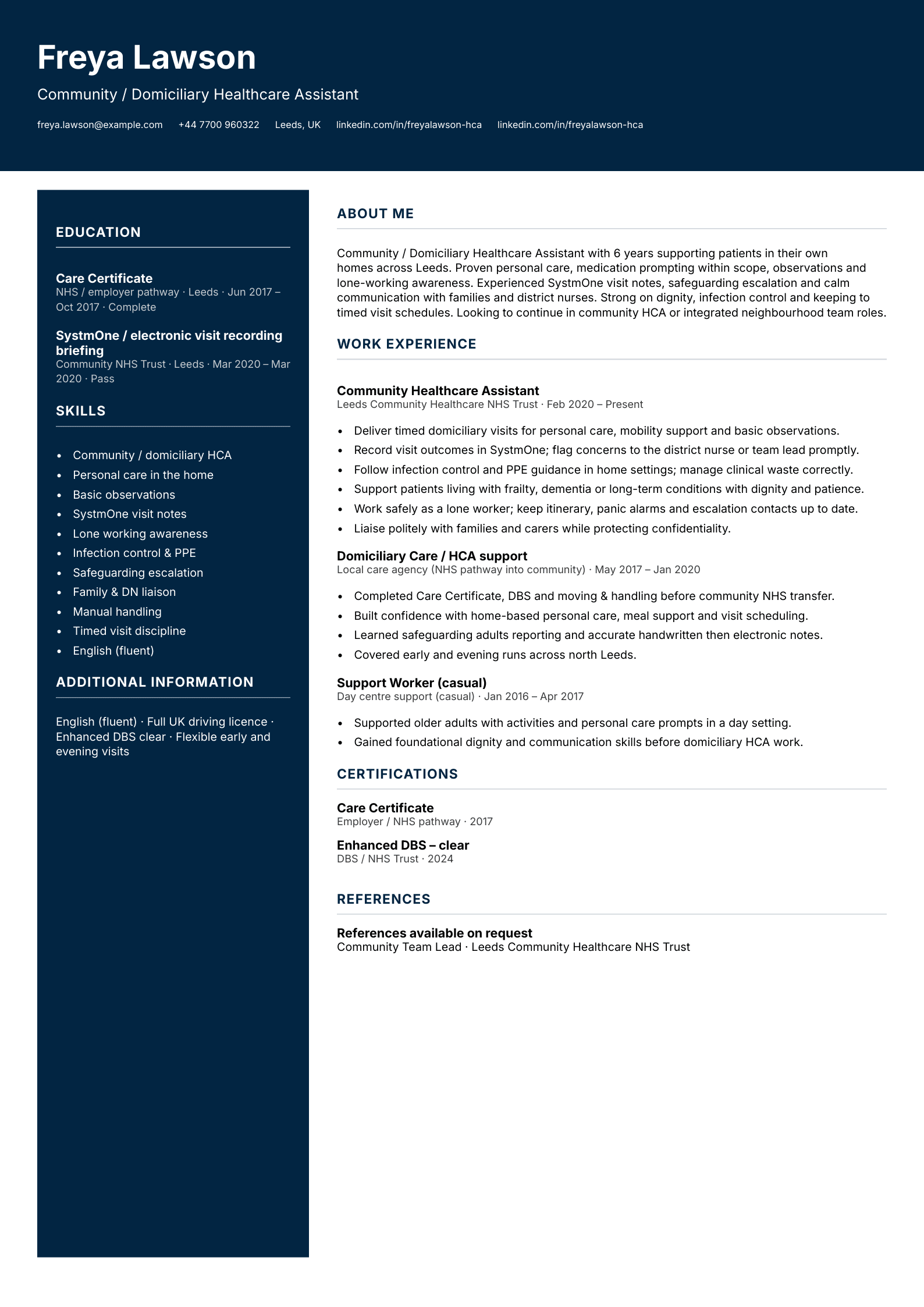 Community domiciliary healthcare assistant CV template