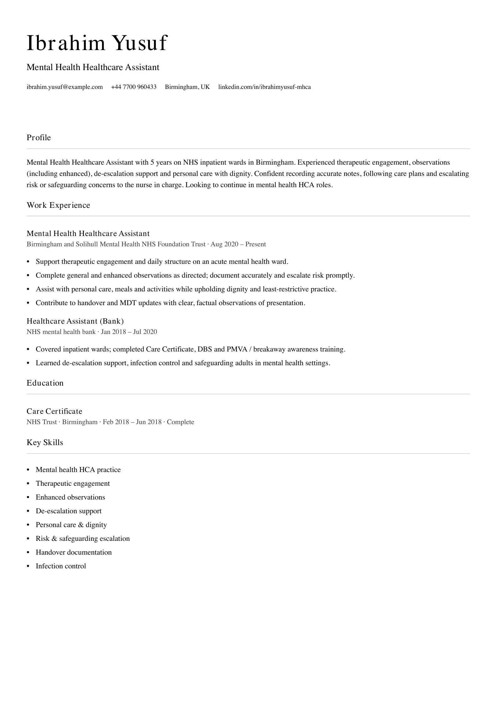 mental health healthcare assistant cv template
