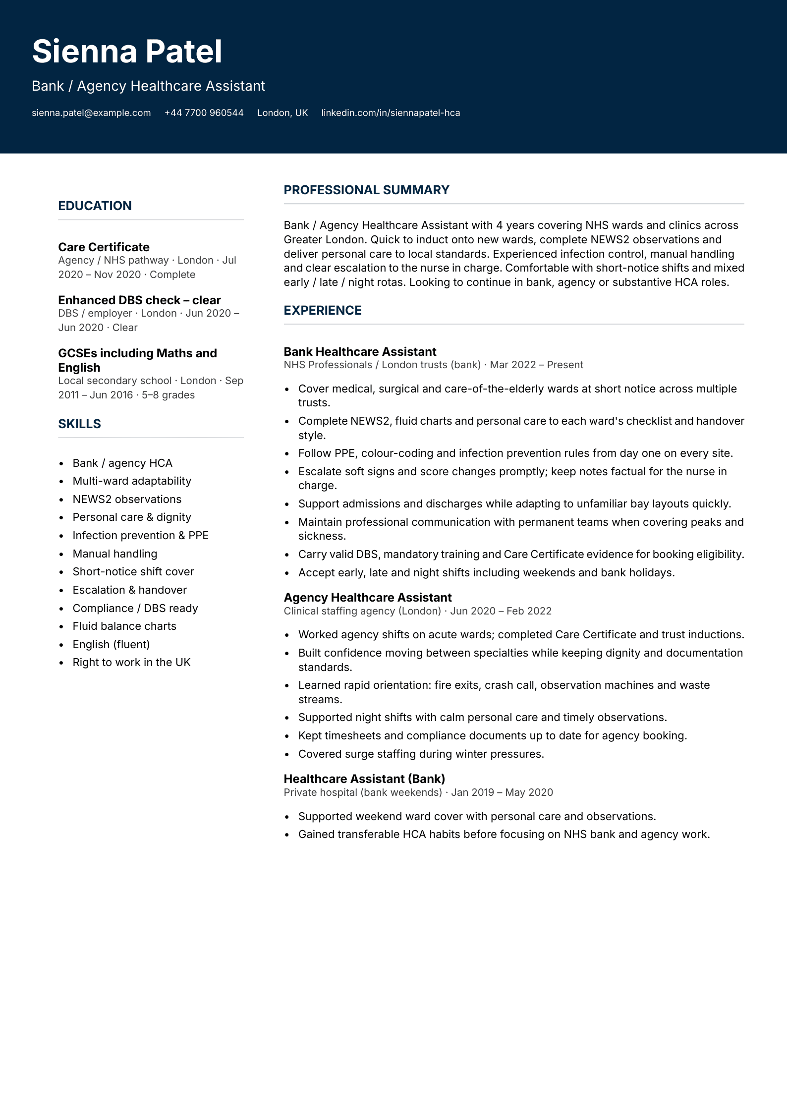 Bank agency healthcare assistant CV template