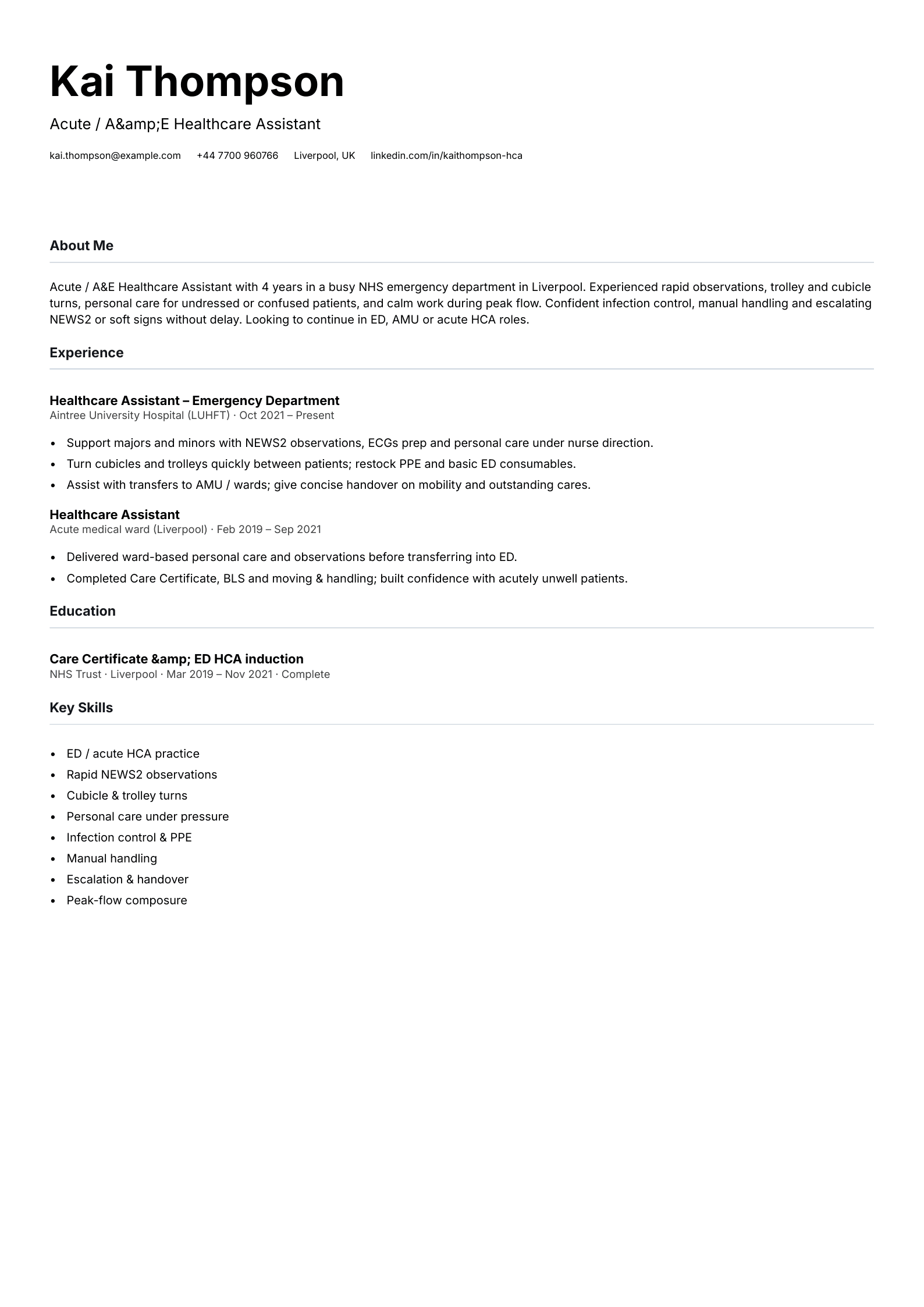 acute a&e healthcare assistant cv template