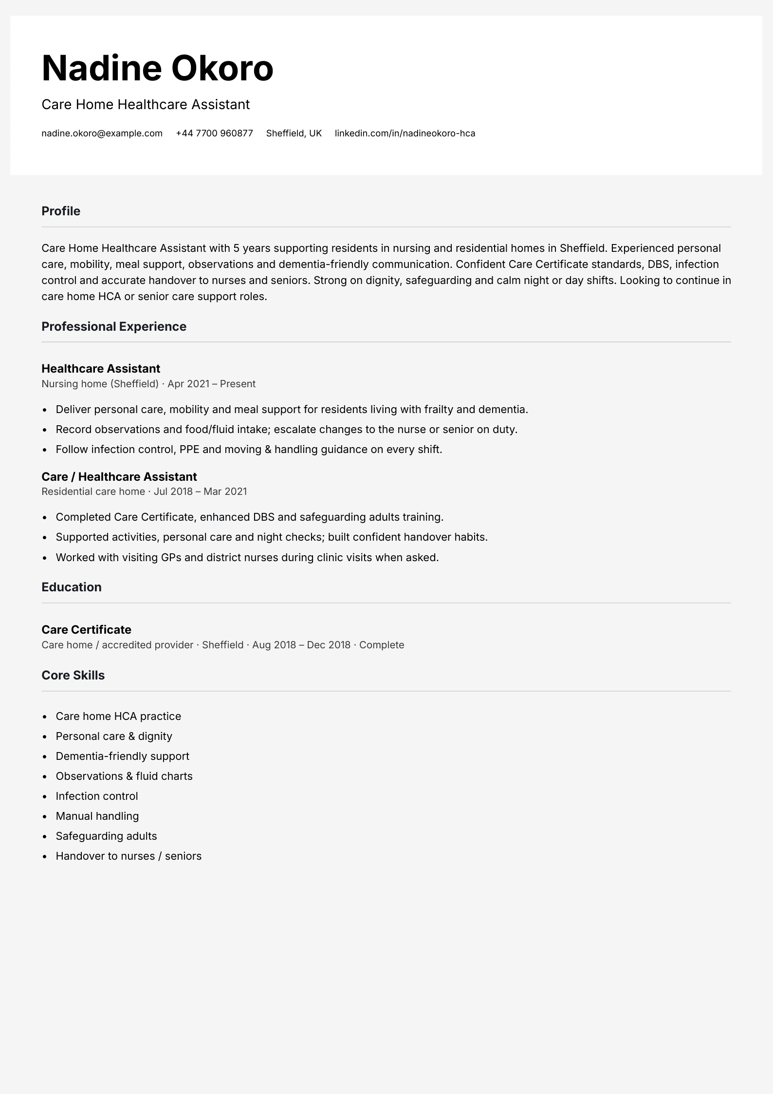 care home healthcare assistant cv template