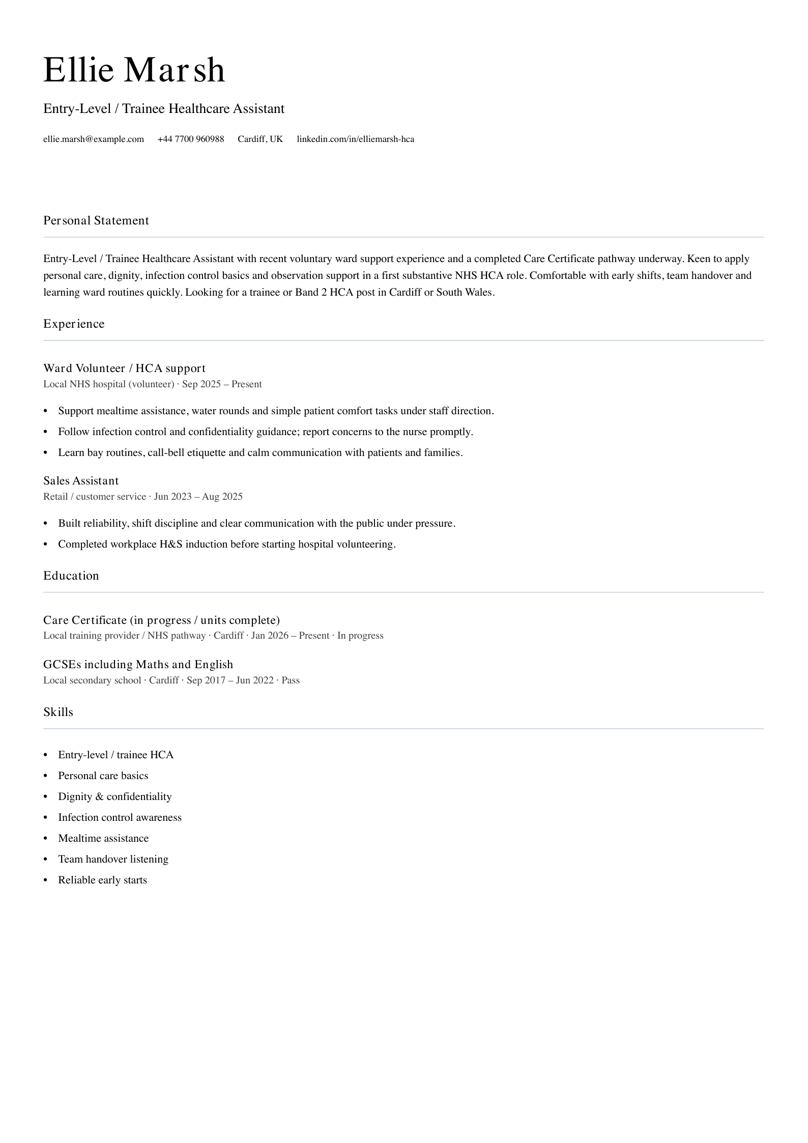 entry level trainee healthcare assistant cv template