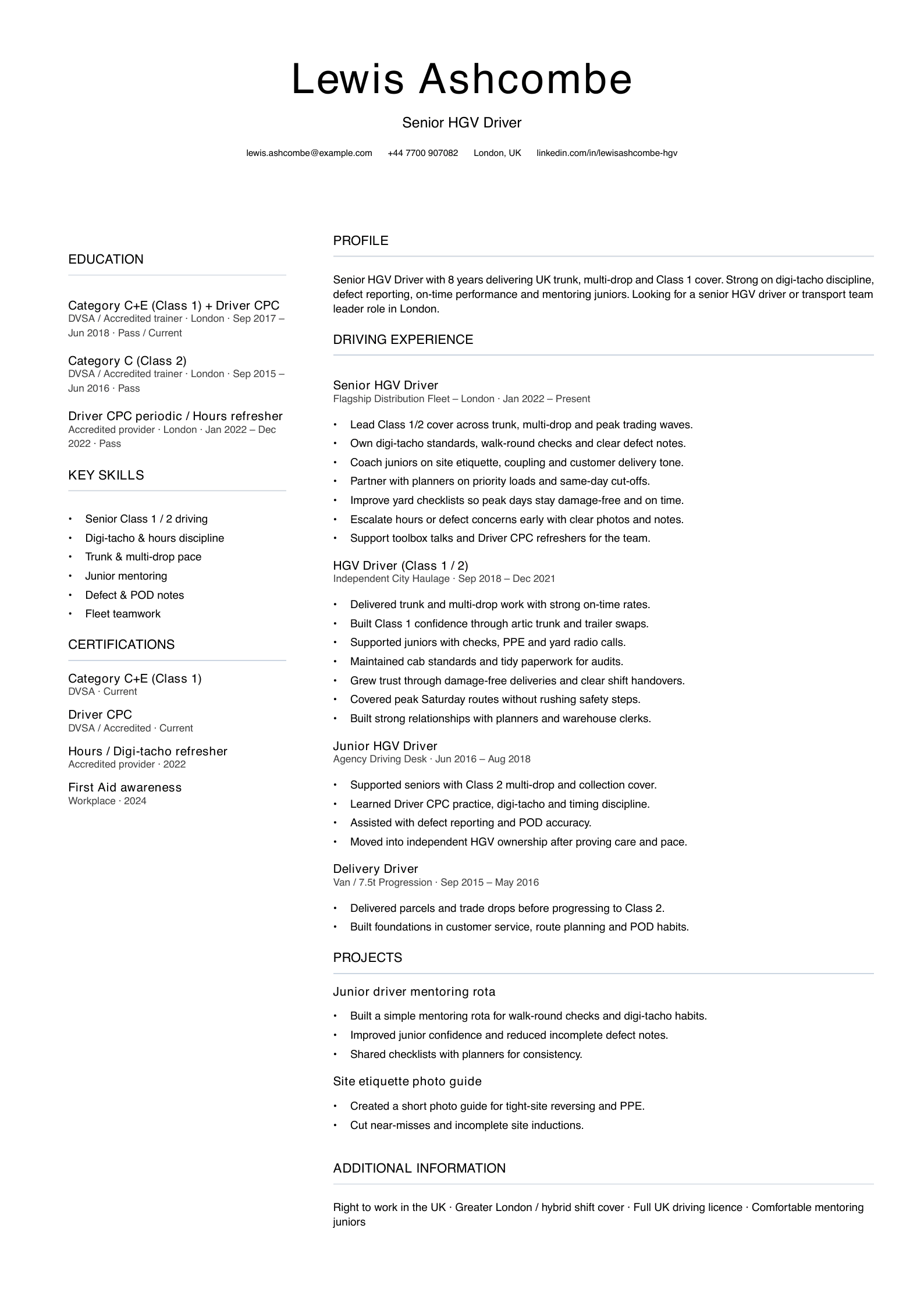 senior HGV driver CV template