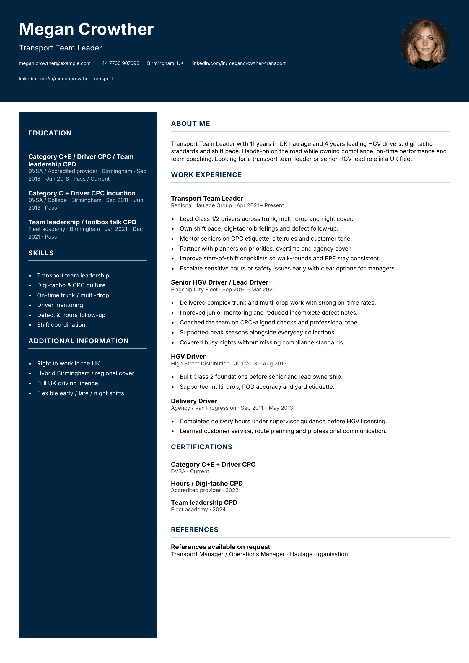 Transport team leader CV template