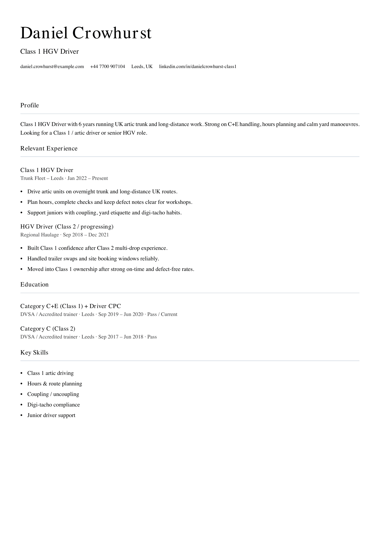 Class 1 HGV driver CV template