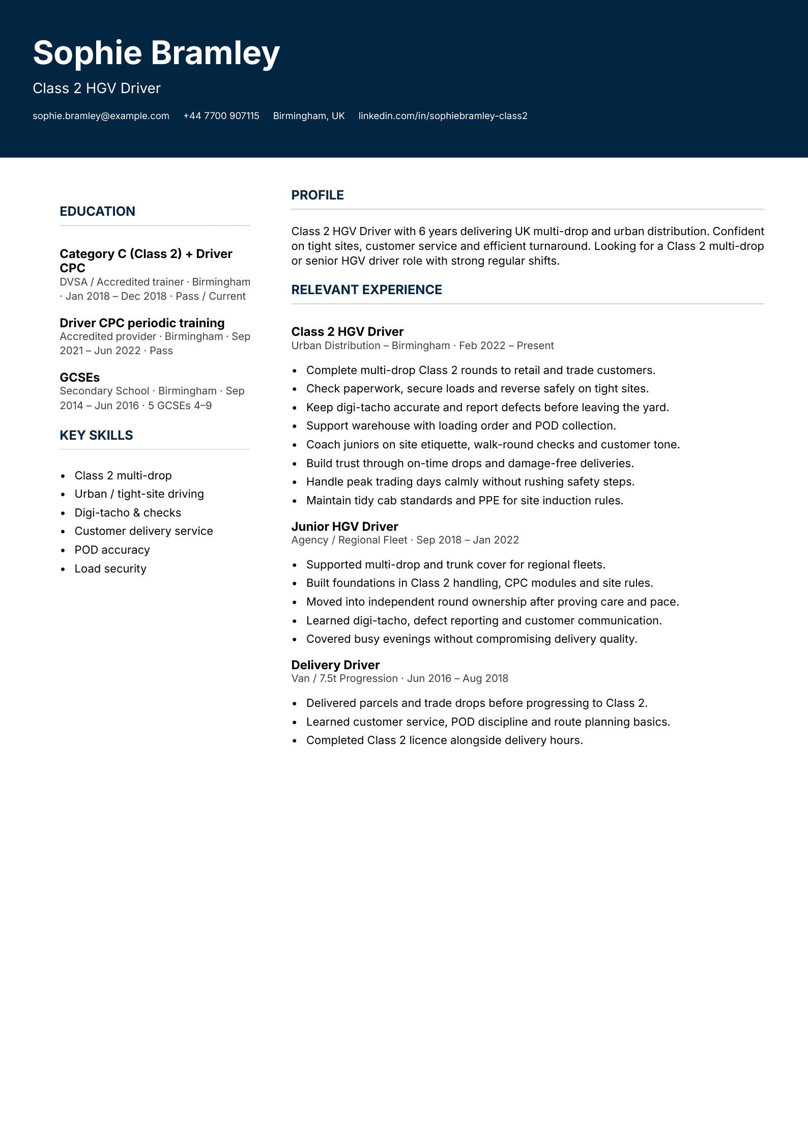 Class 2 HGV driver CV template
