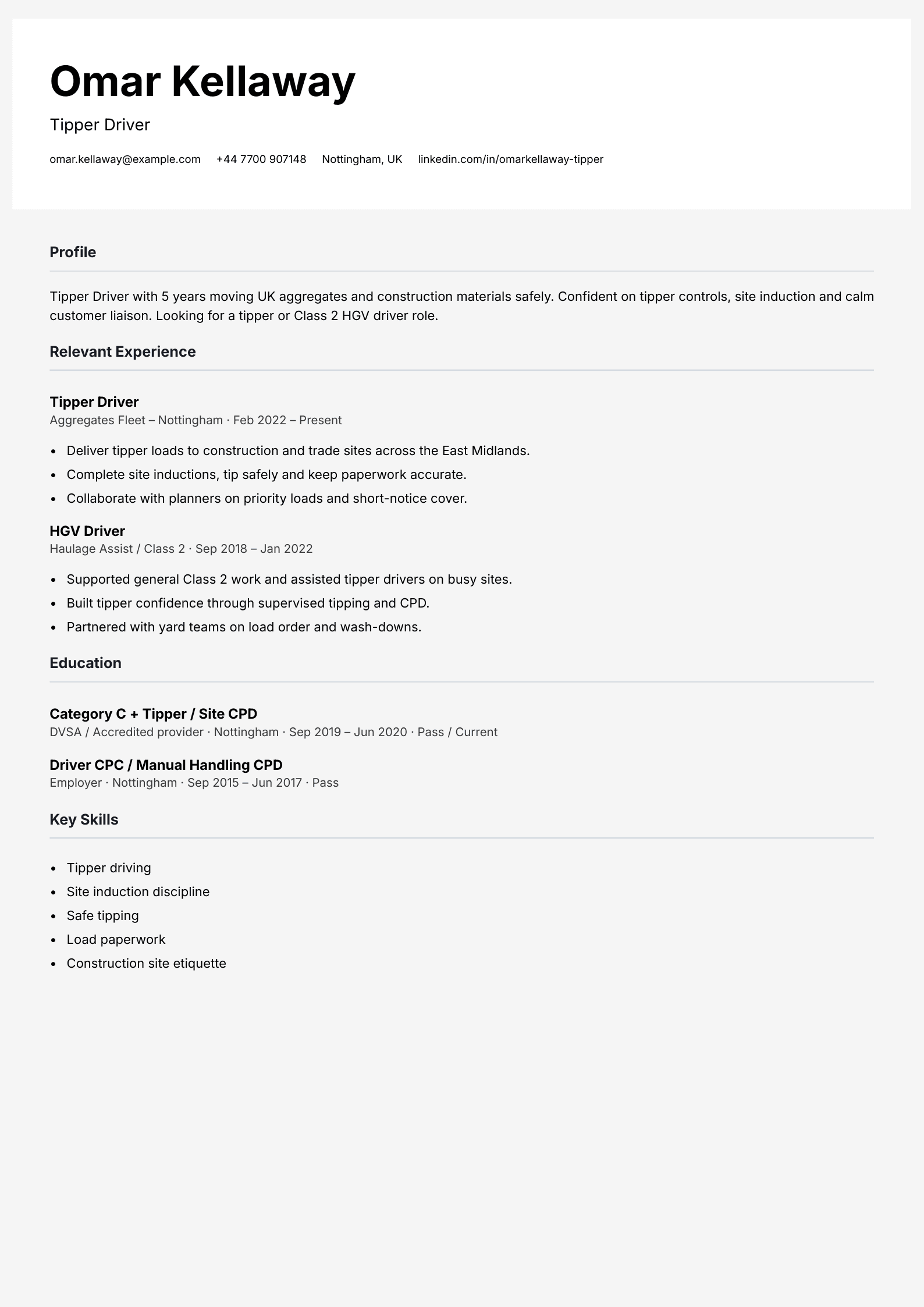 tipper driver CV template