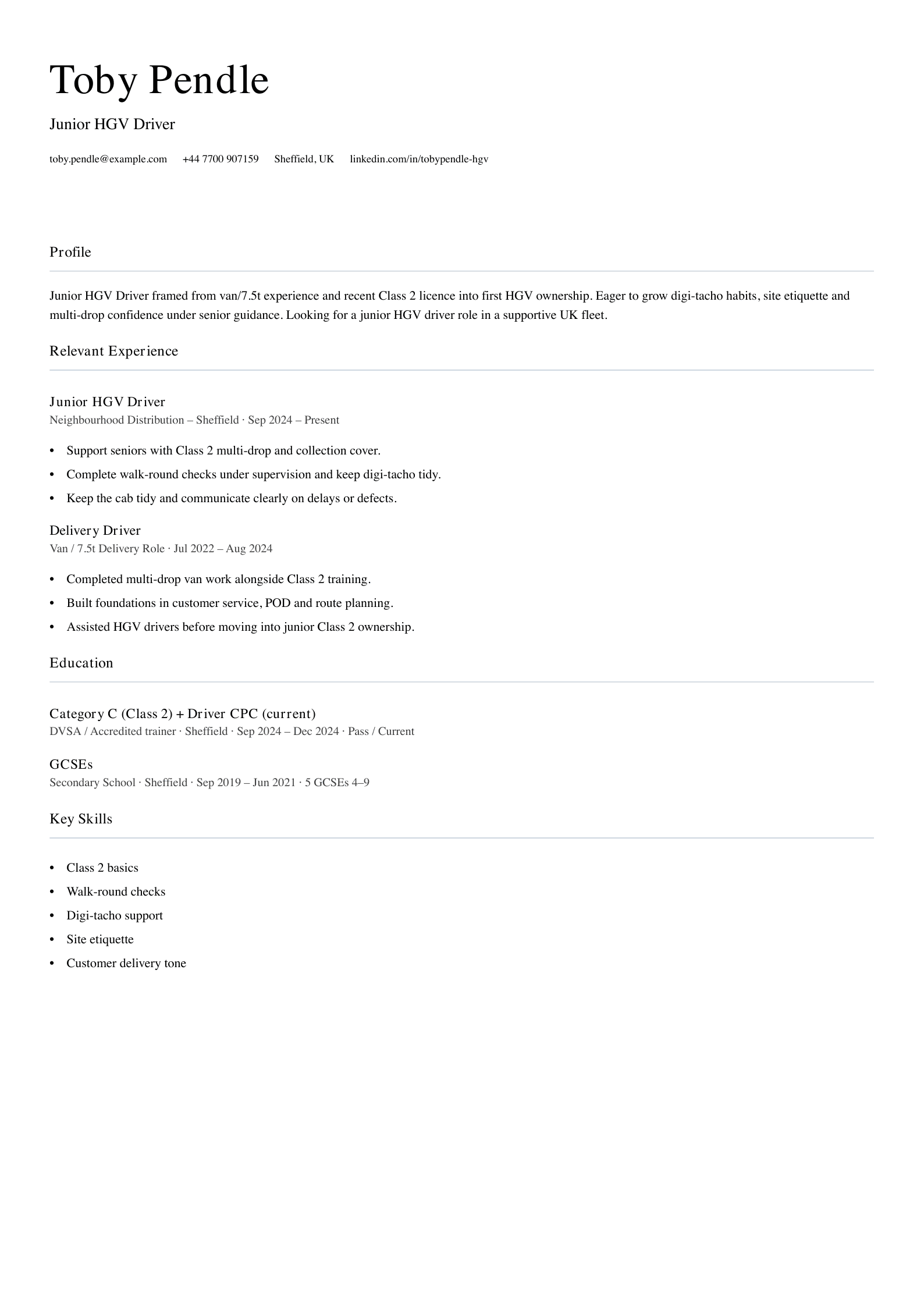 junior HGV driver CV template