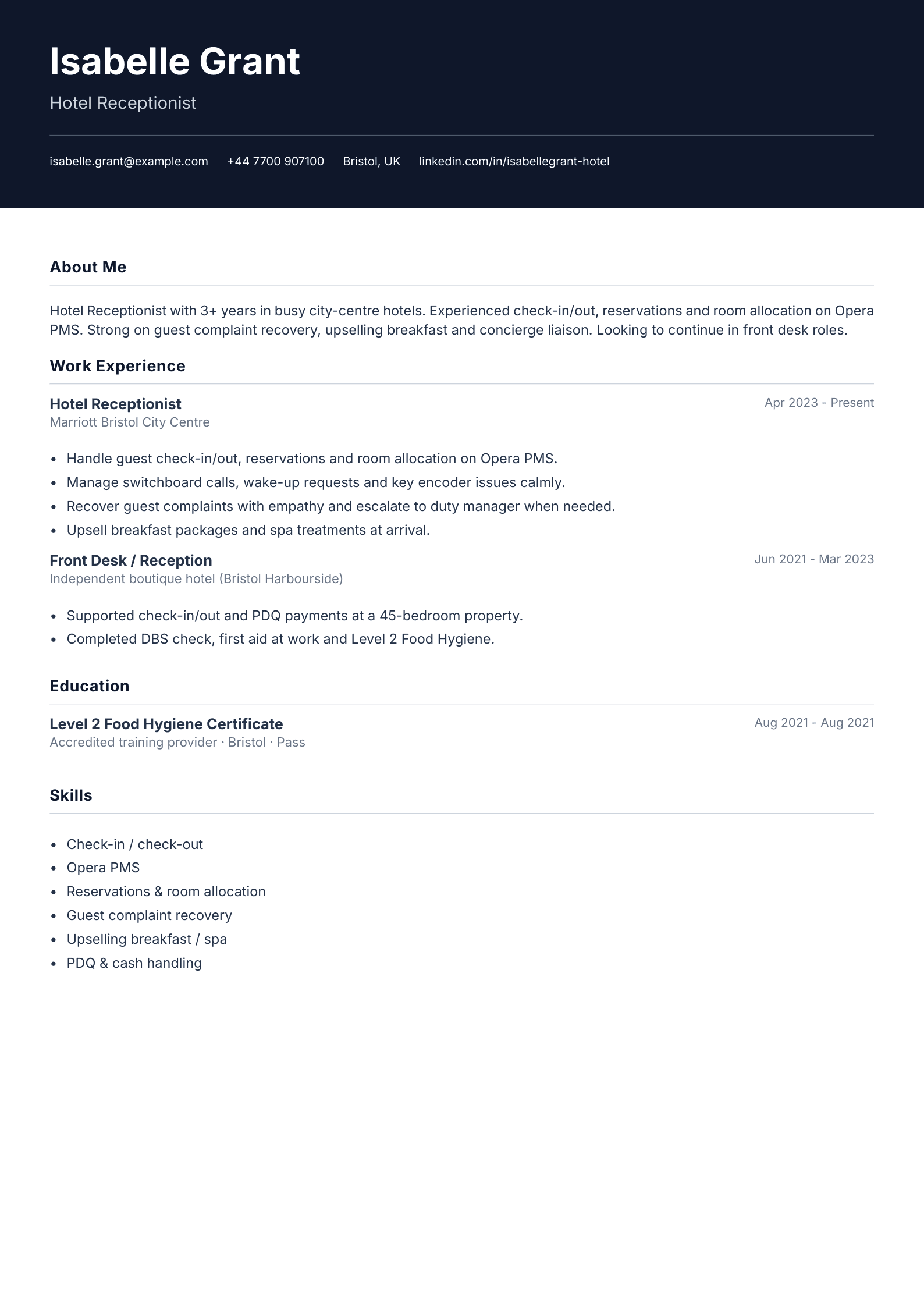 Hotel receptionist CV template