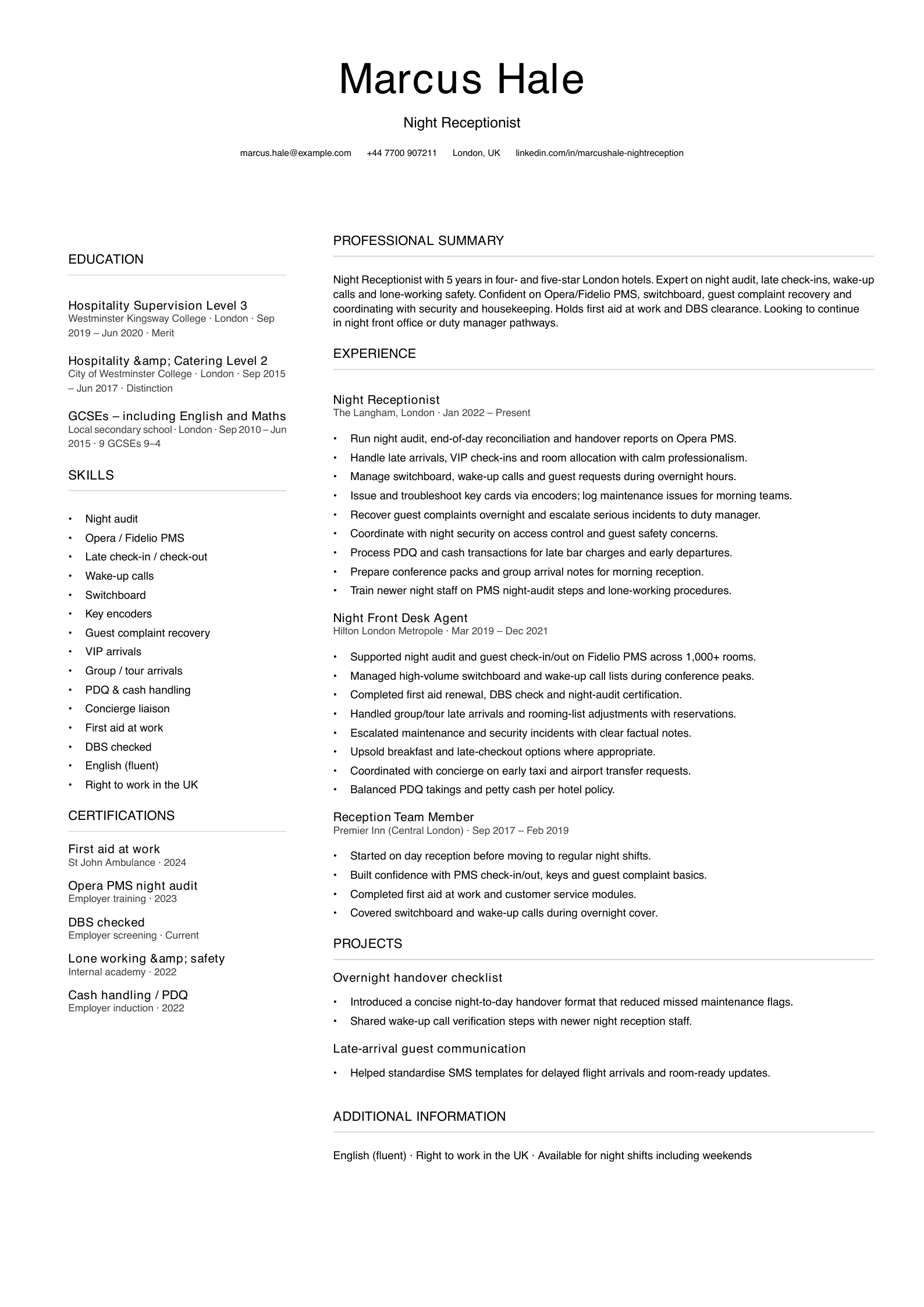 night receptionist cv template