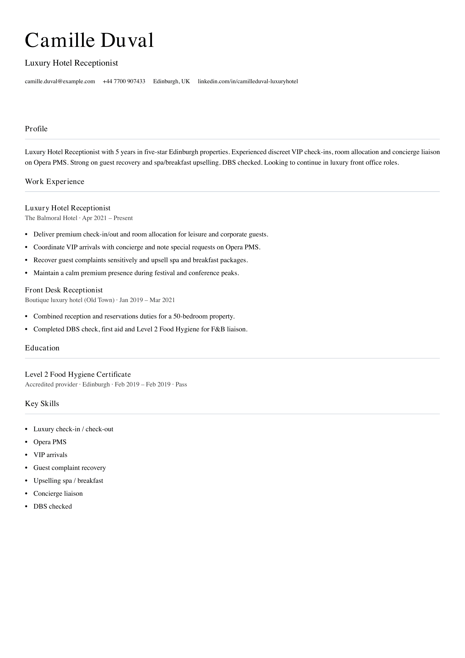 luxury hotel receptionist cv template