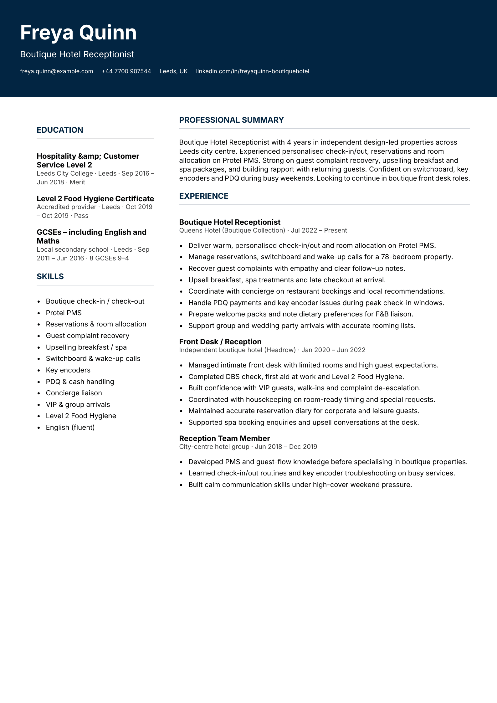 Boutique hotel receptionist CV template