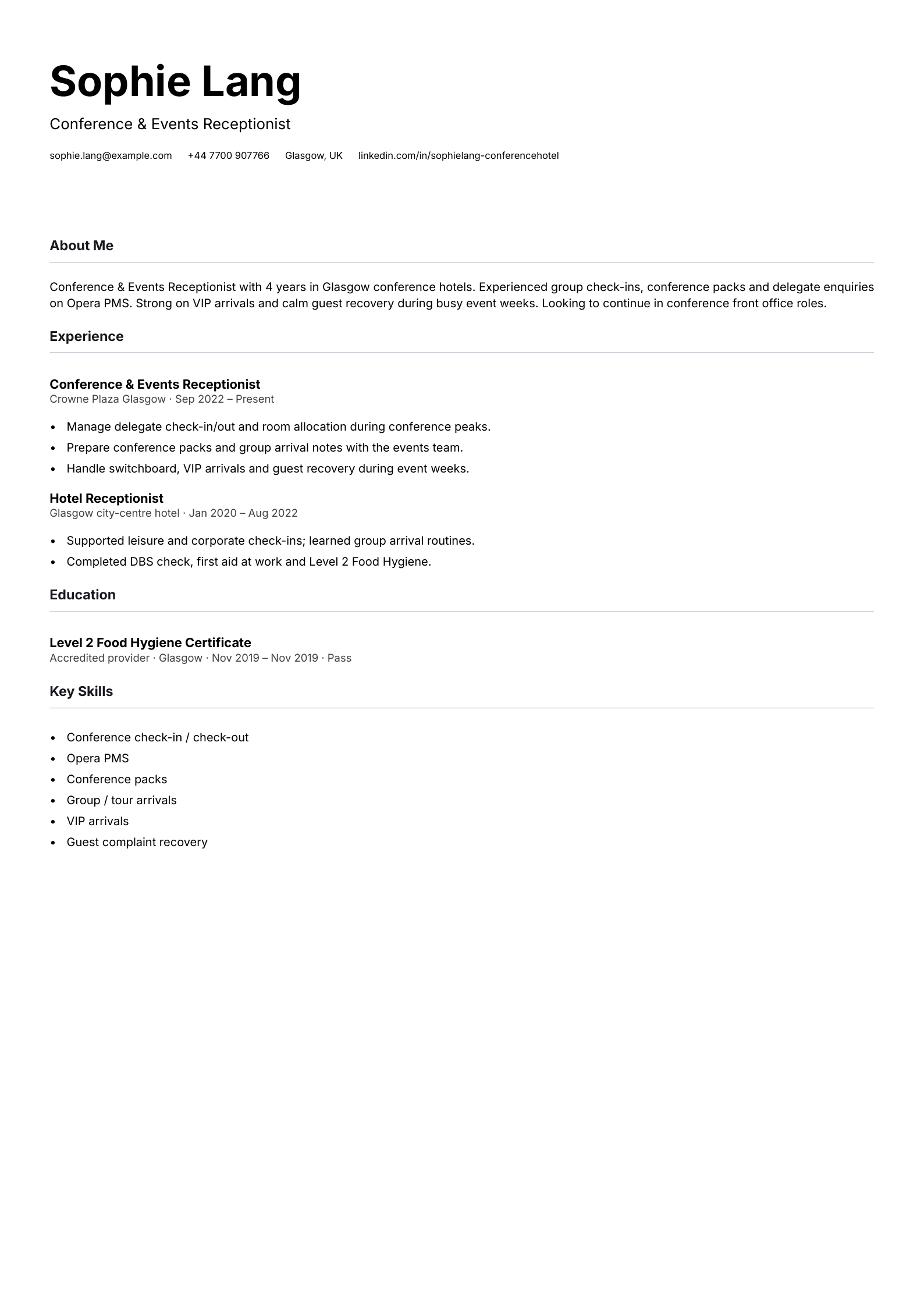 conference receptionist cv template