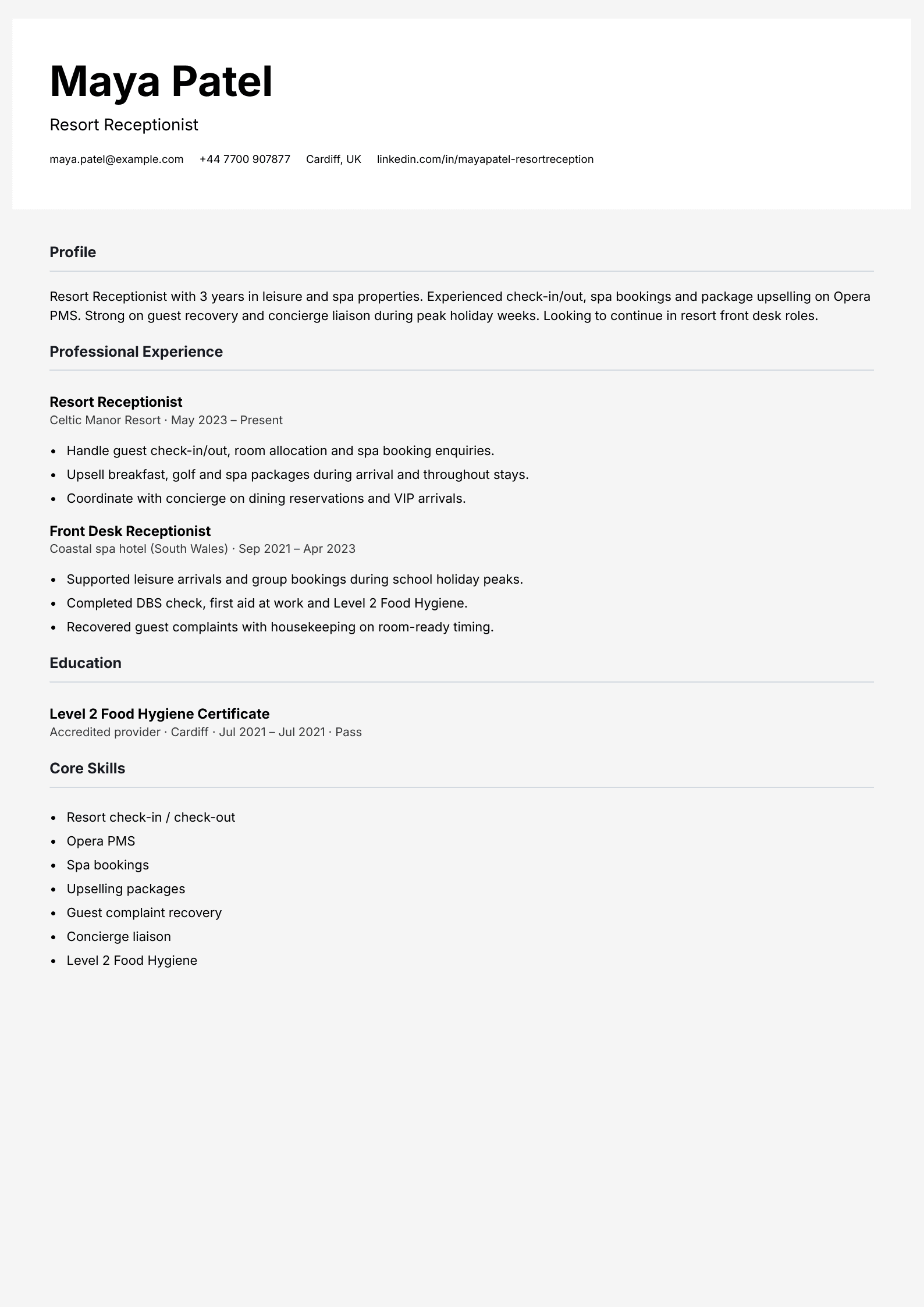 resort receptionist cv template