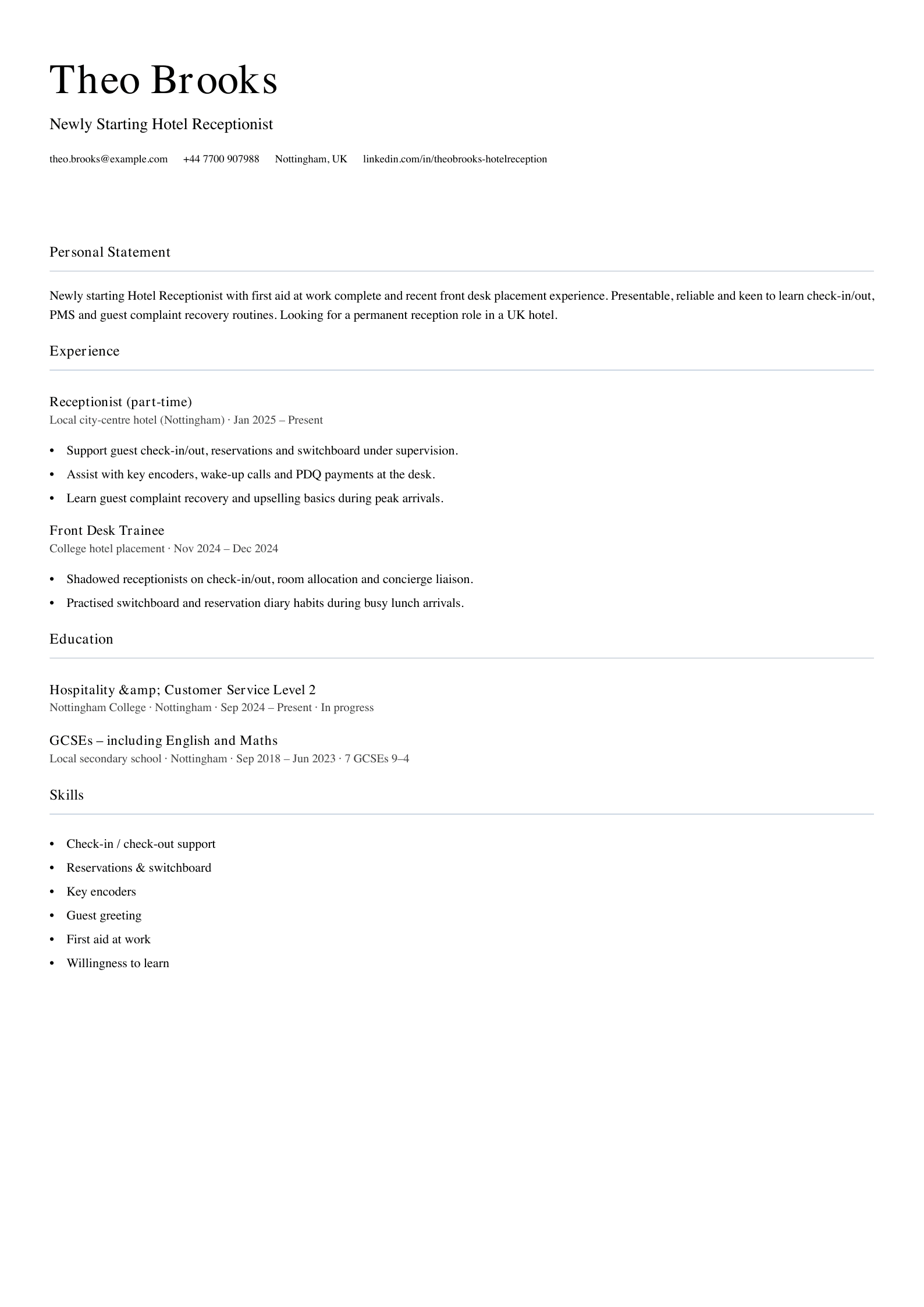 newly starting hotel receptionist cv template