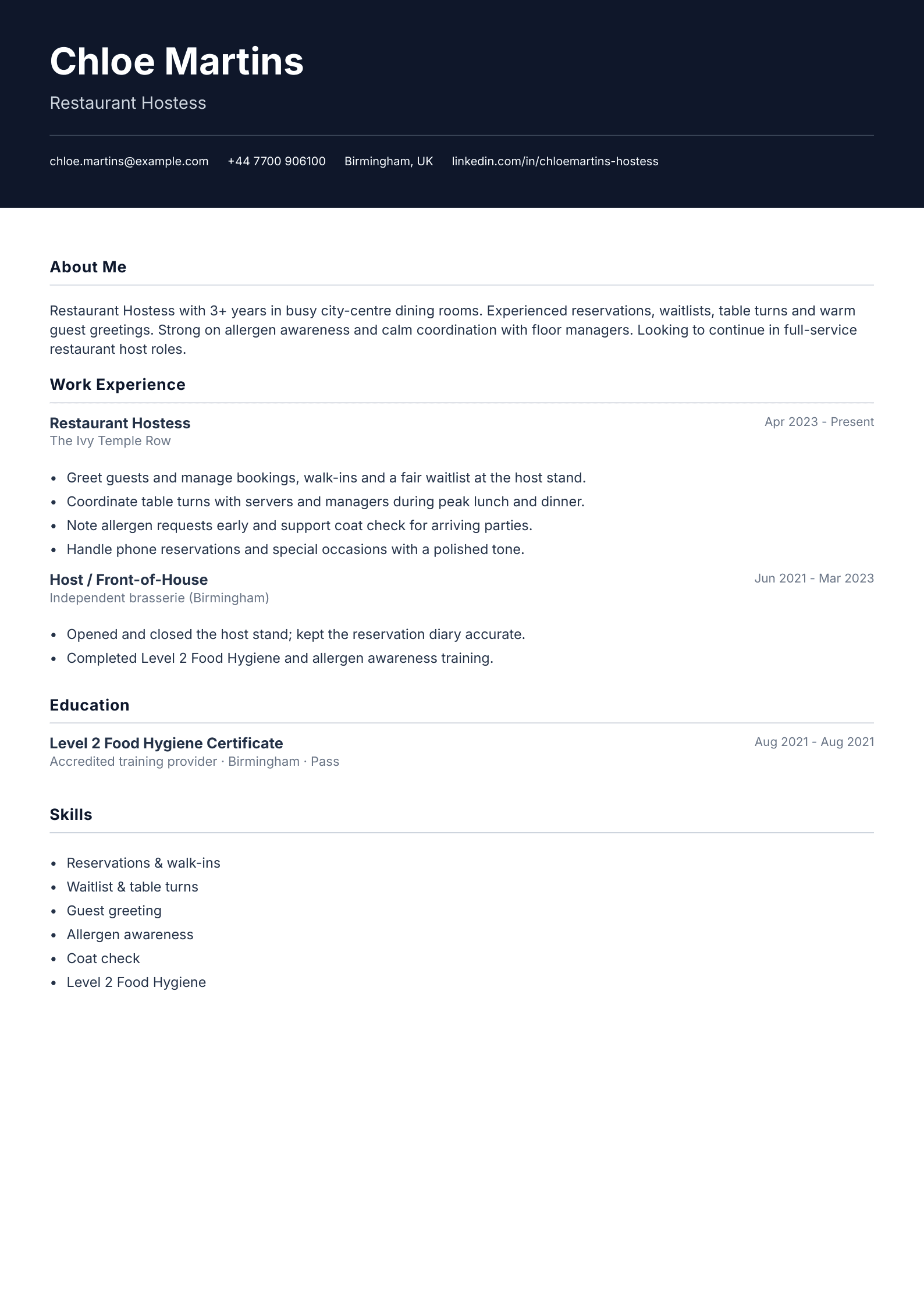 Restaurant hostess CV template