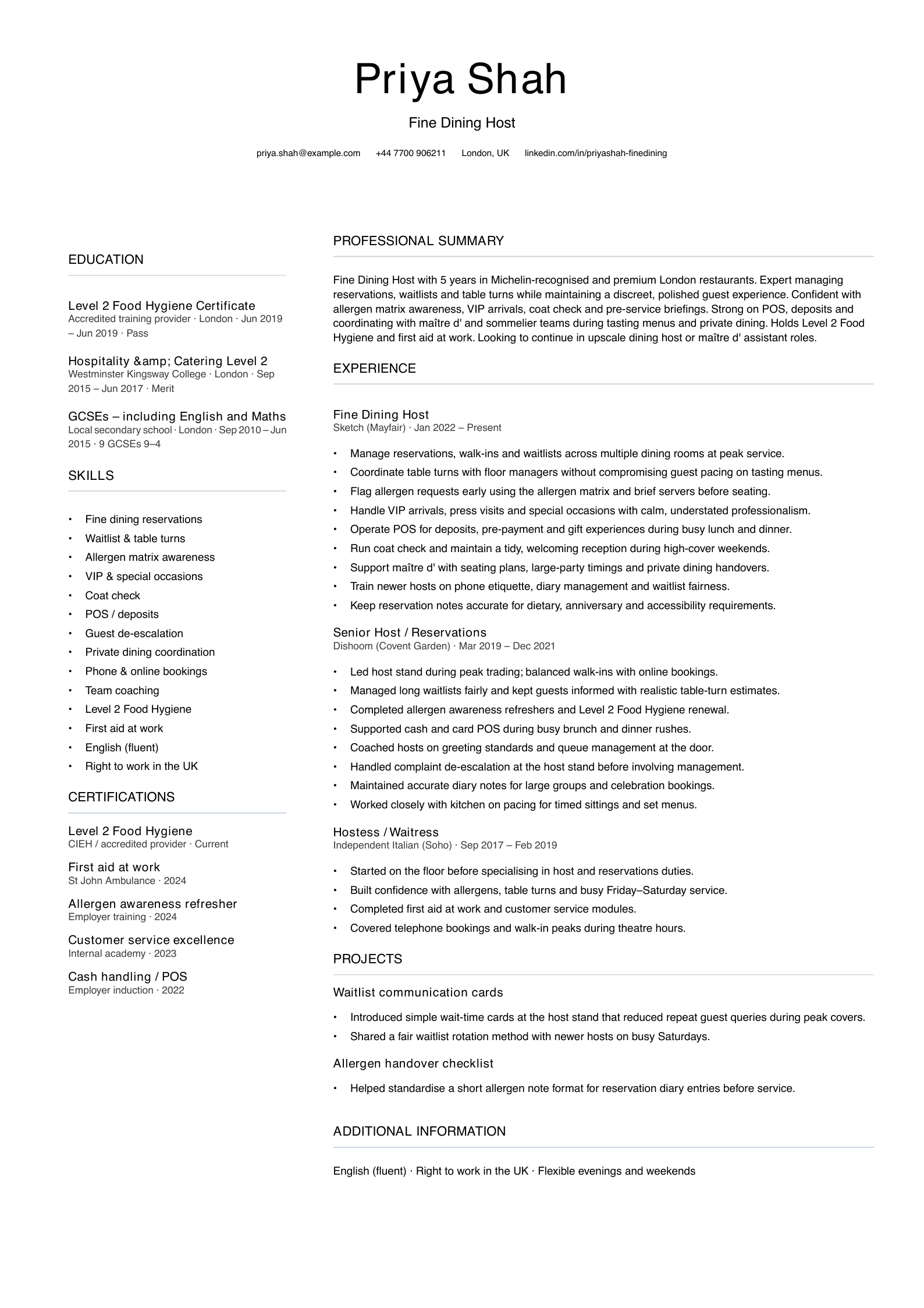 fine dining host cv template