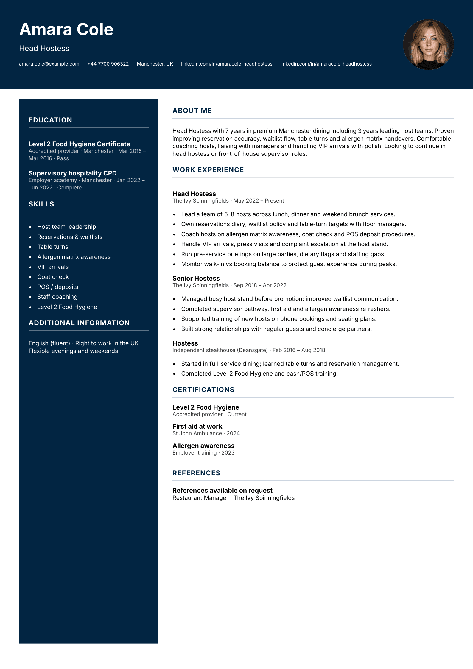 Head hostess CV template