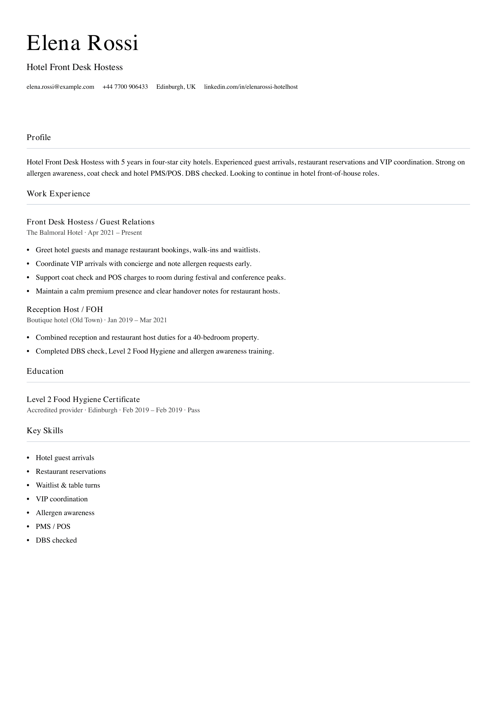 hotel front desk hostess cv template
