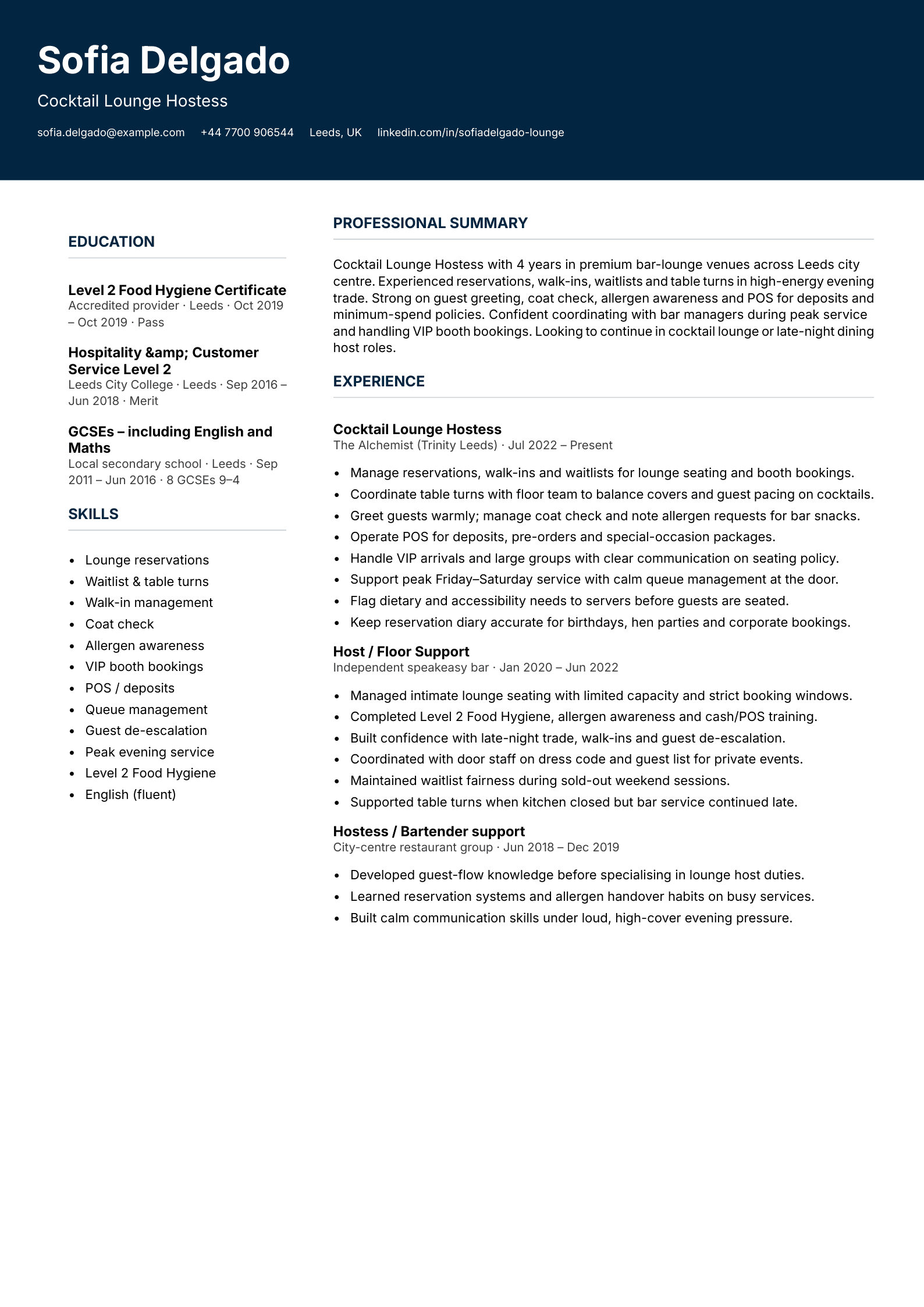 Cocktail lounge hostess CV template