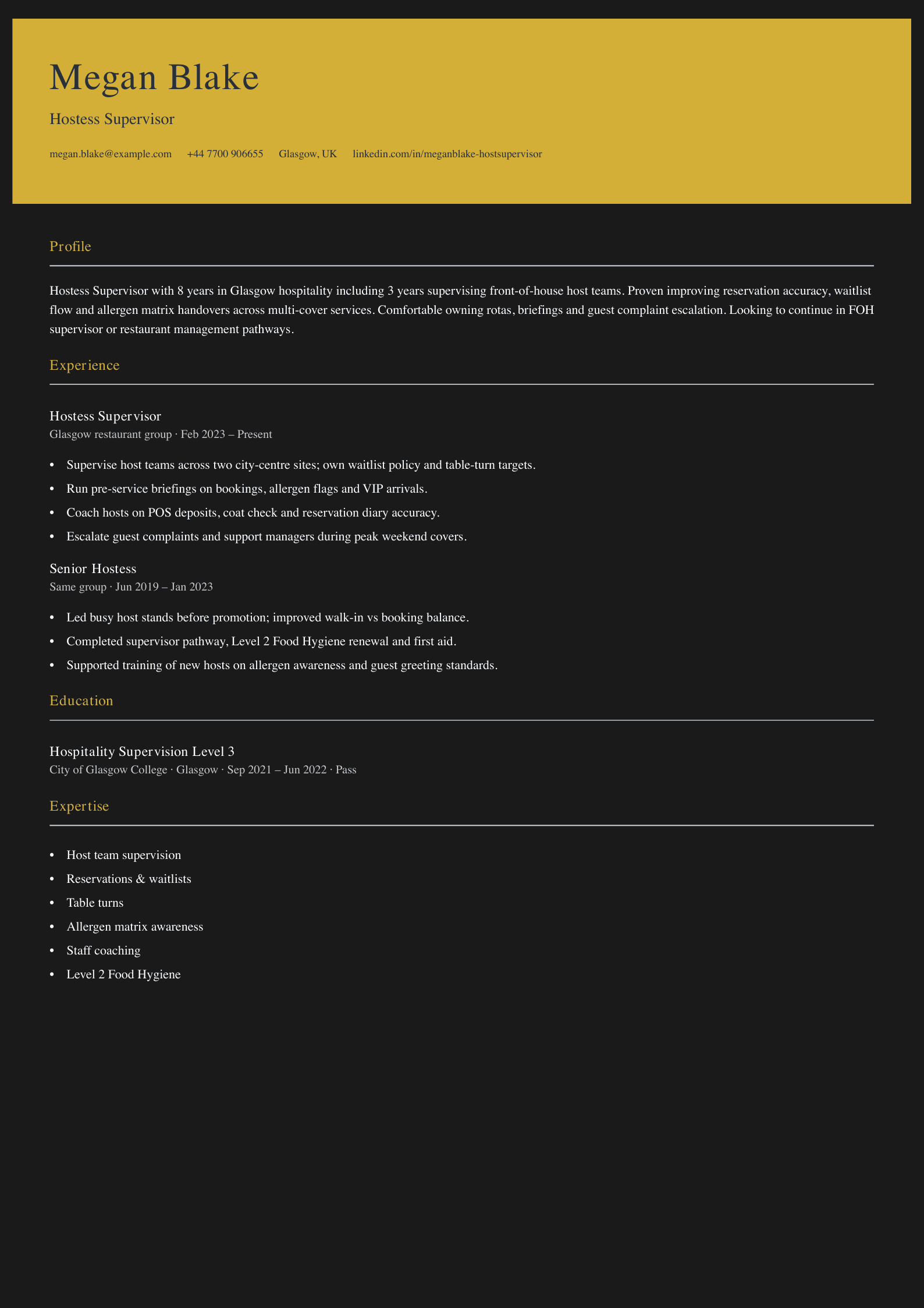 hostess supervisor cv template