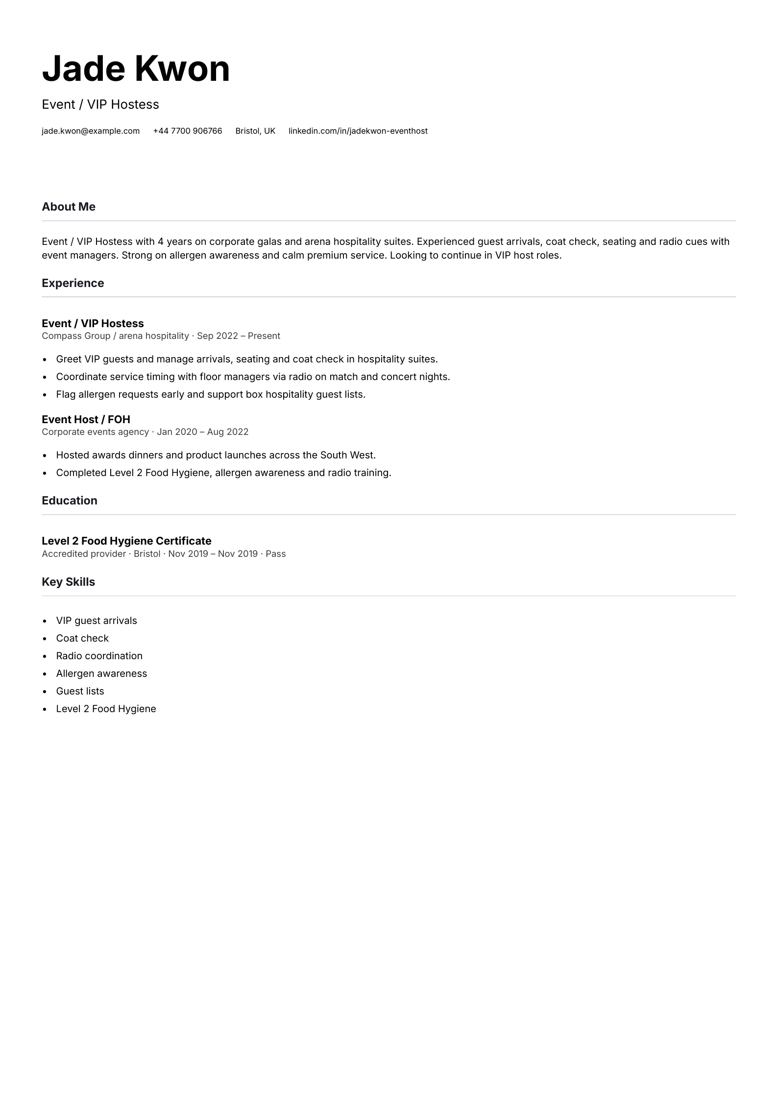event VIP hostess cv template