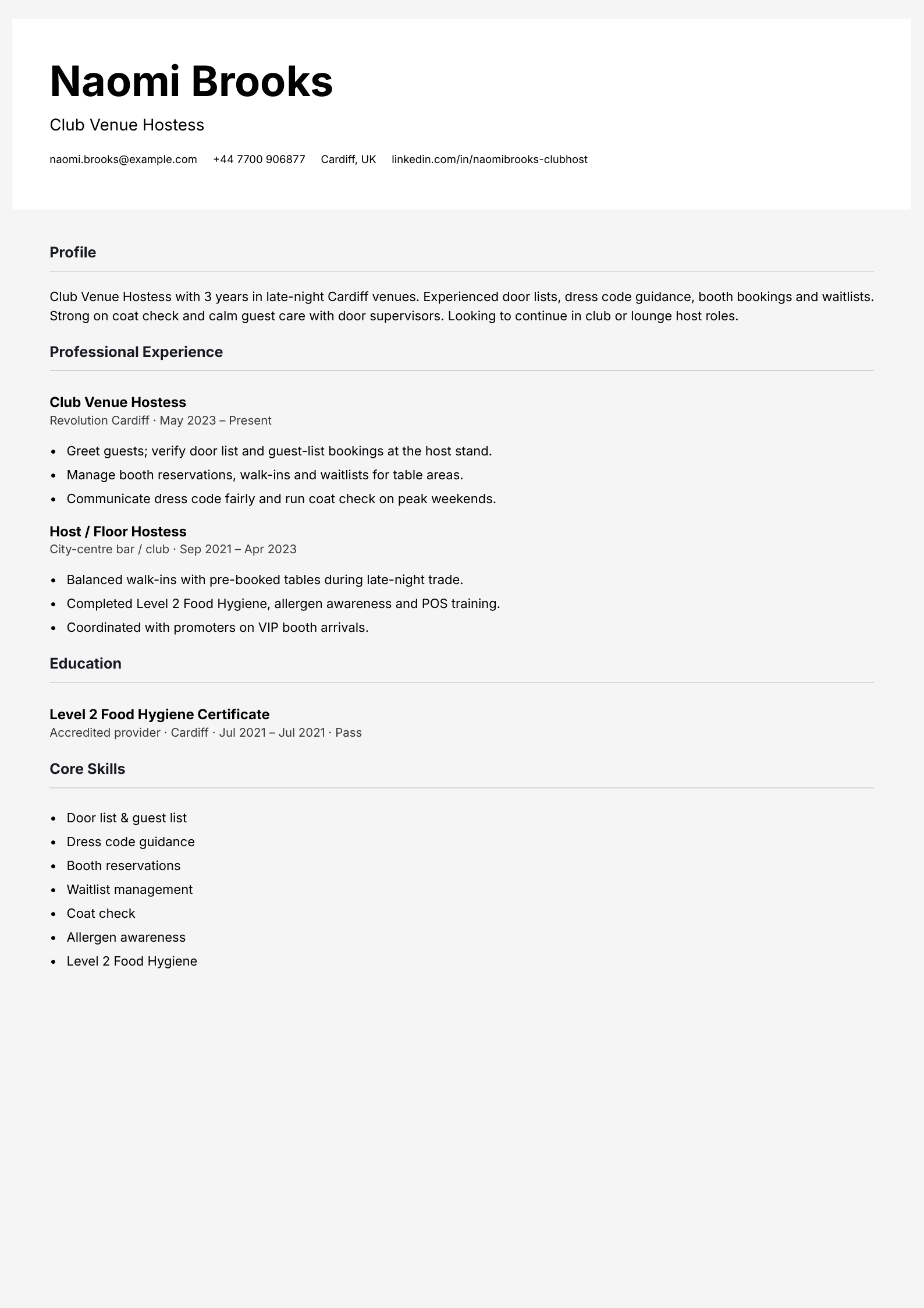 club venue hostess cv template