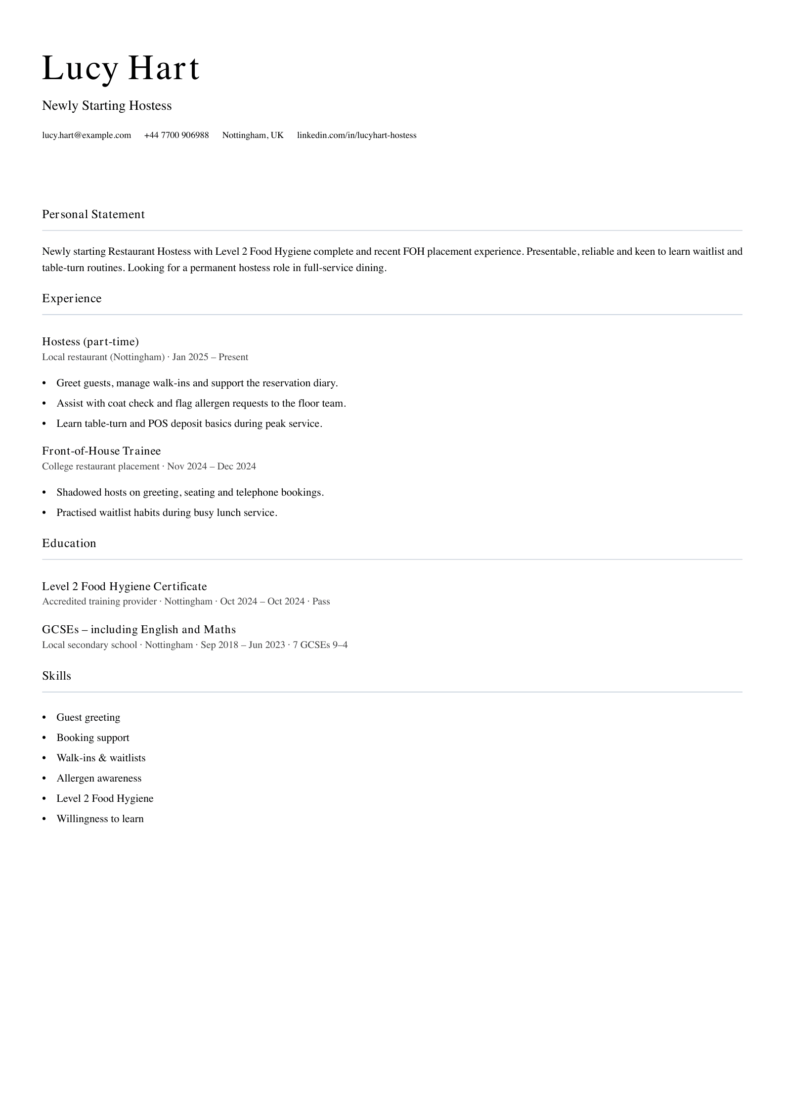 newly starting hostess cv template