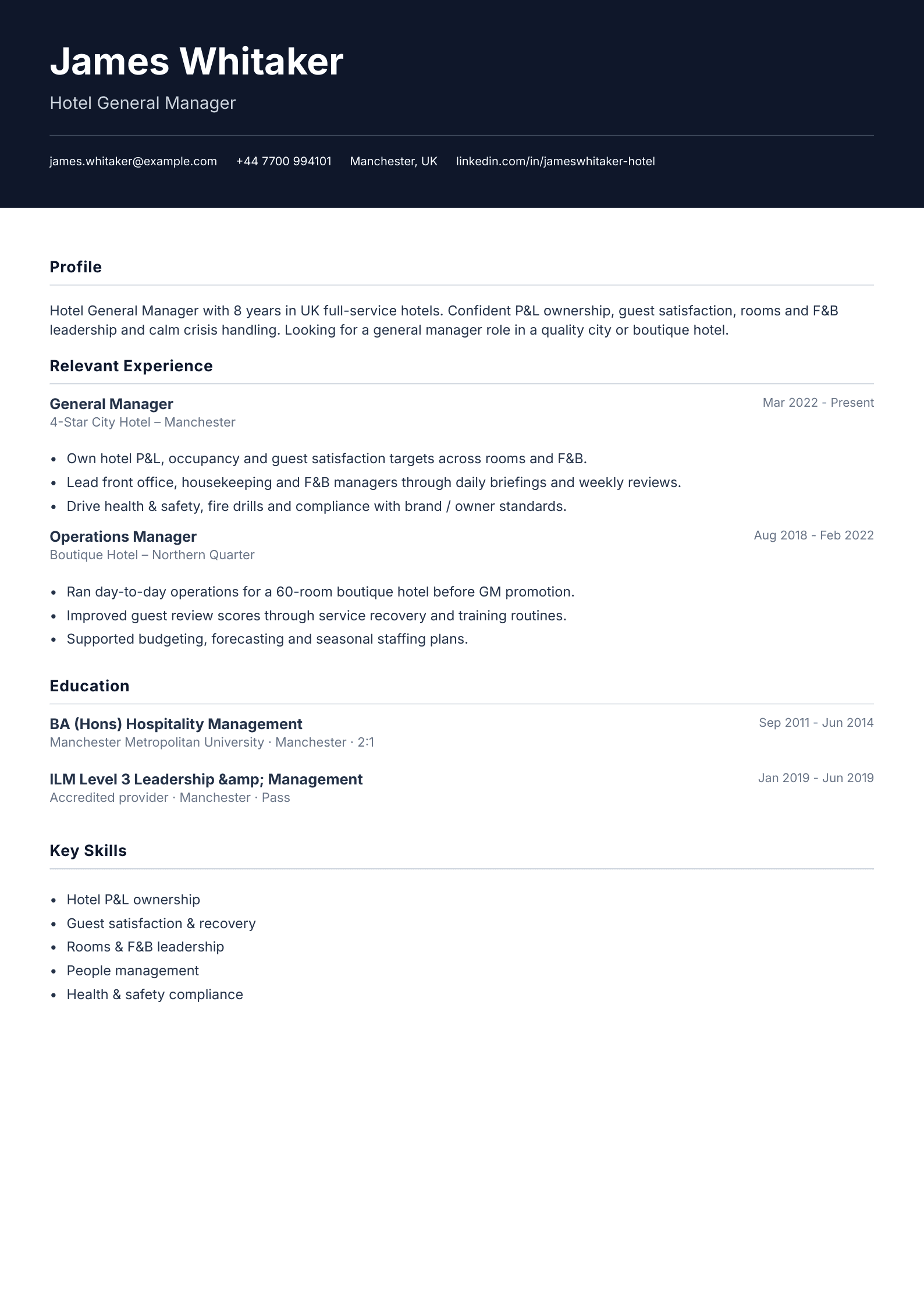 Hotel general manager CV template